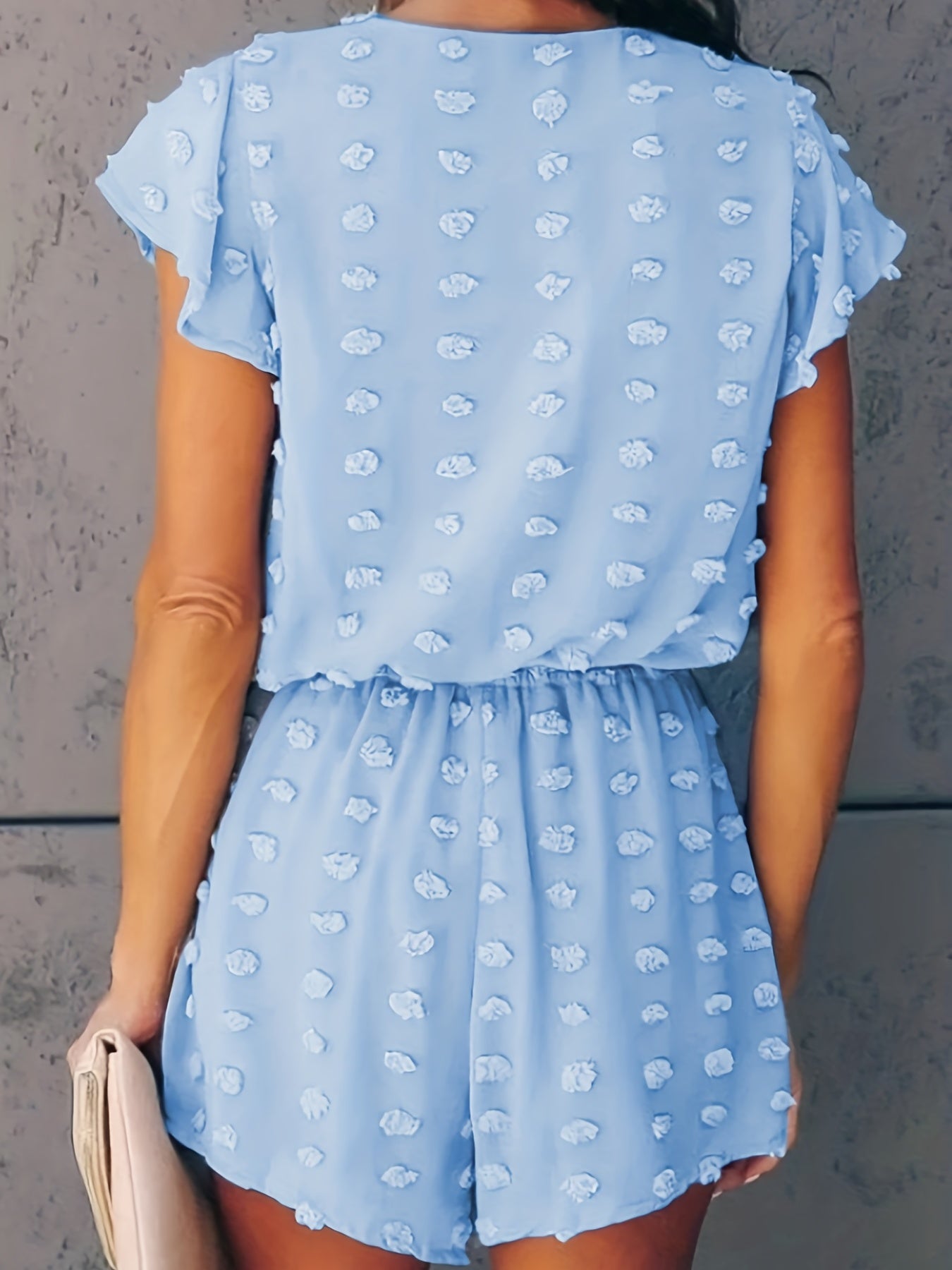 gbolsos Swiss Dot Surplice Neck Romper, Casual Solid Short Sleeve Slim Waist Romper, Women's Clothing
