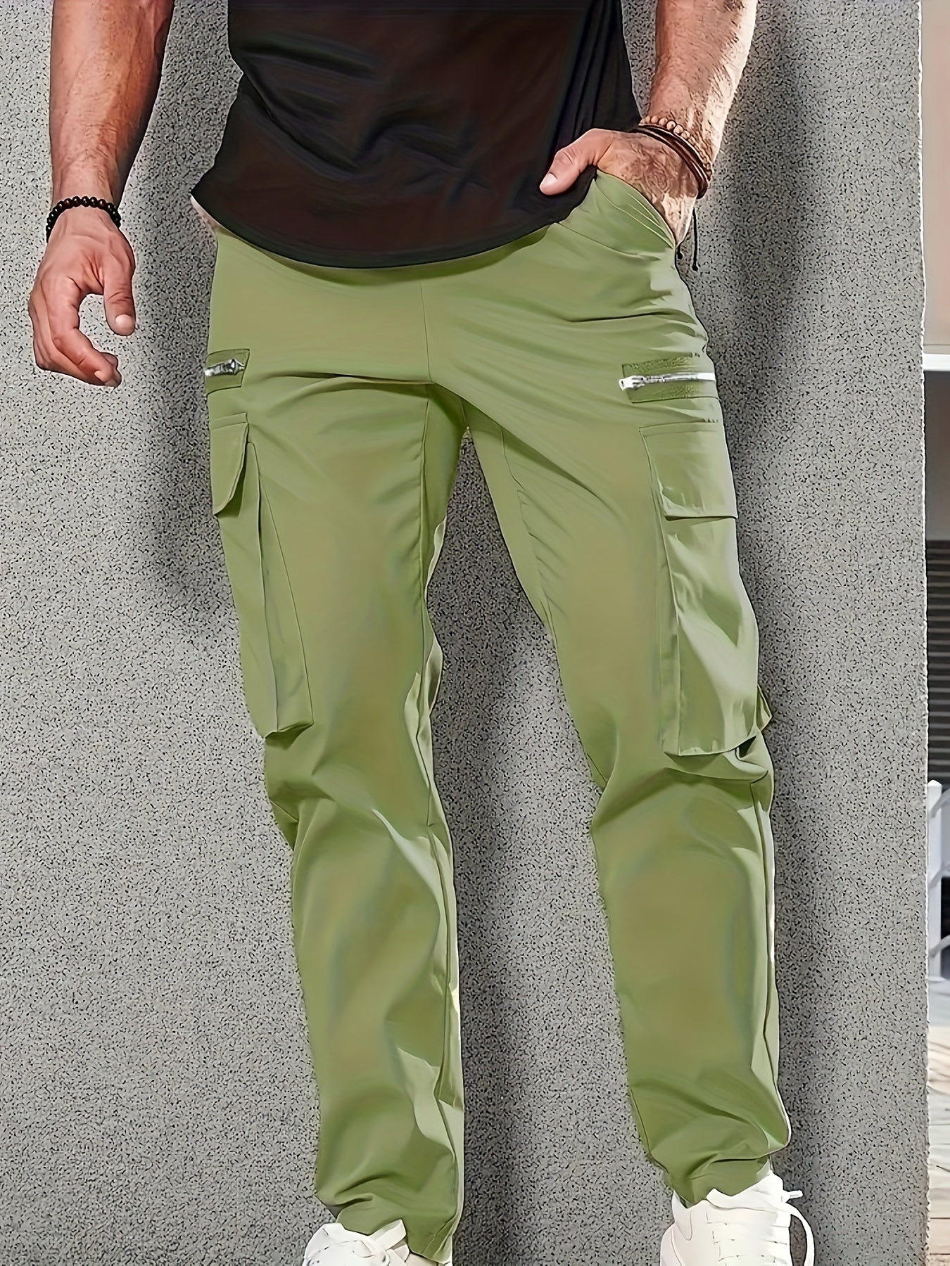 gbolsos Men's Trendy Solid Tactical Pants, Casual Multi Pockets Trousers For Outdoor