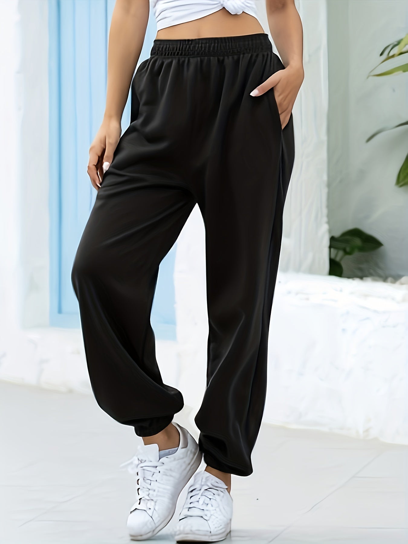 gbolsos Women's Solid Elastic Sweatpants, Casual High Waist Sweatpants, Casual Every Day Pants, Women's Clothing