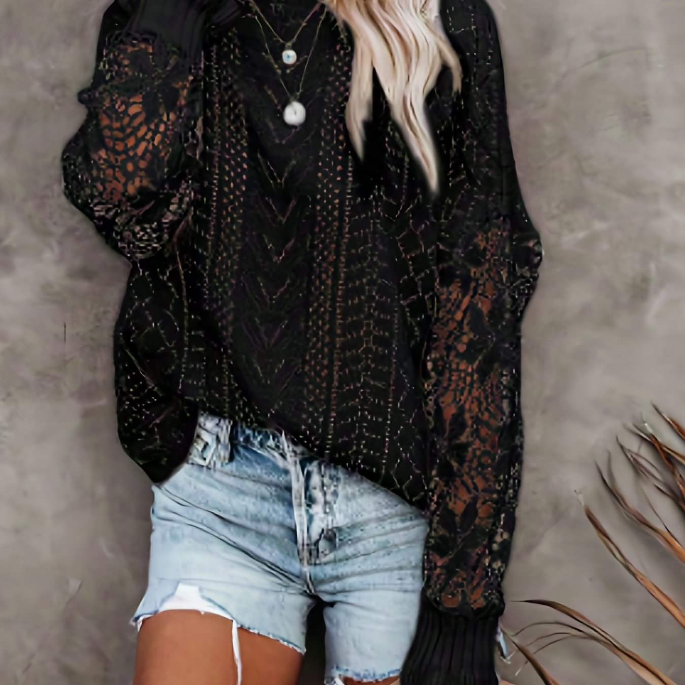gbolsos Contrast Lace Eyelet Knit Sweater, Elegant Crew Neck Long Sleeve Sweater, Women's Clothing