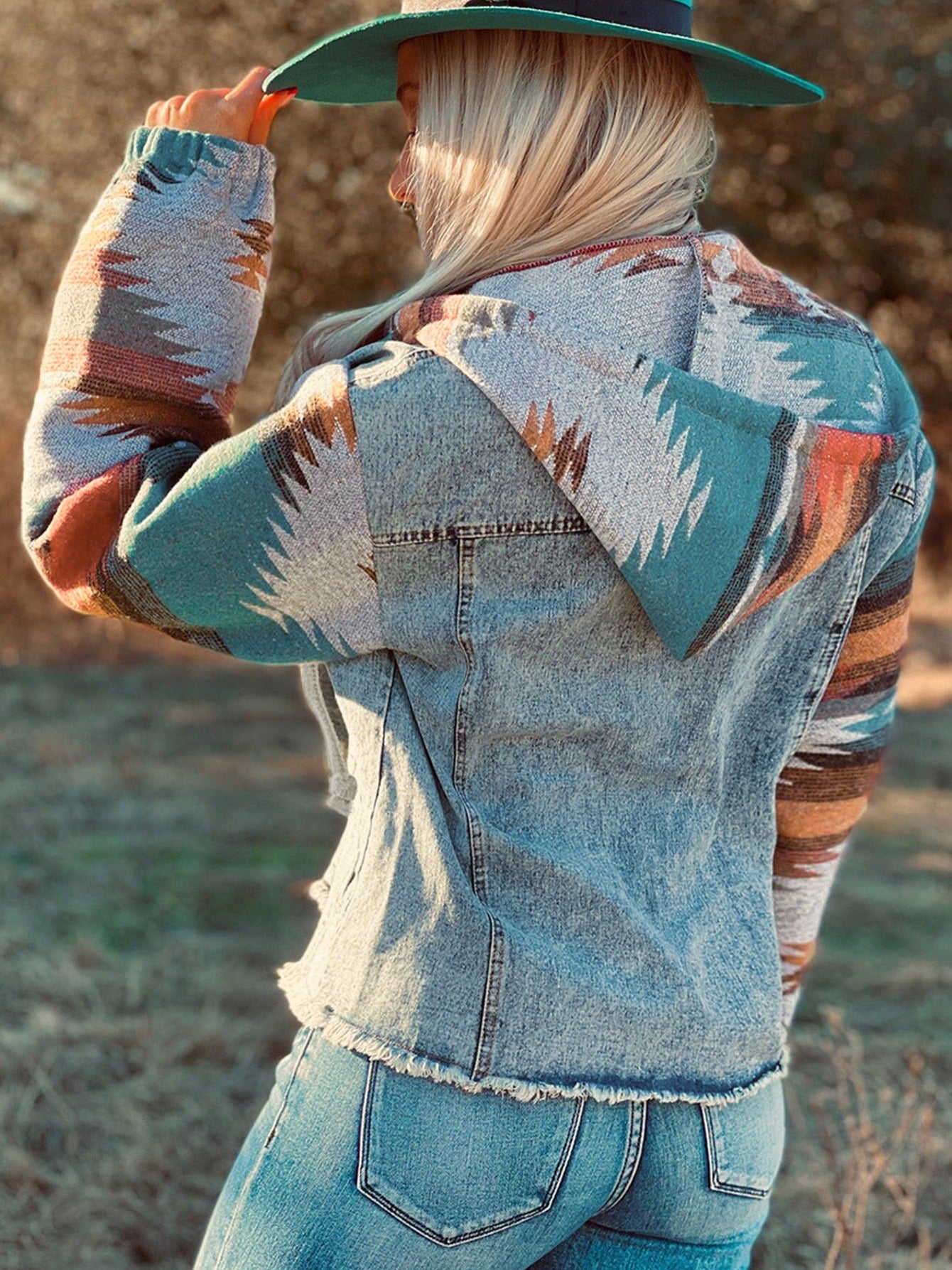 gbolsos Multicolor Aztec Print Frayed Hem Denim Jacket, Street Pockets Loose Outerwear, Women's Clothing
