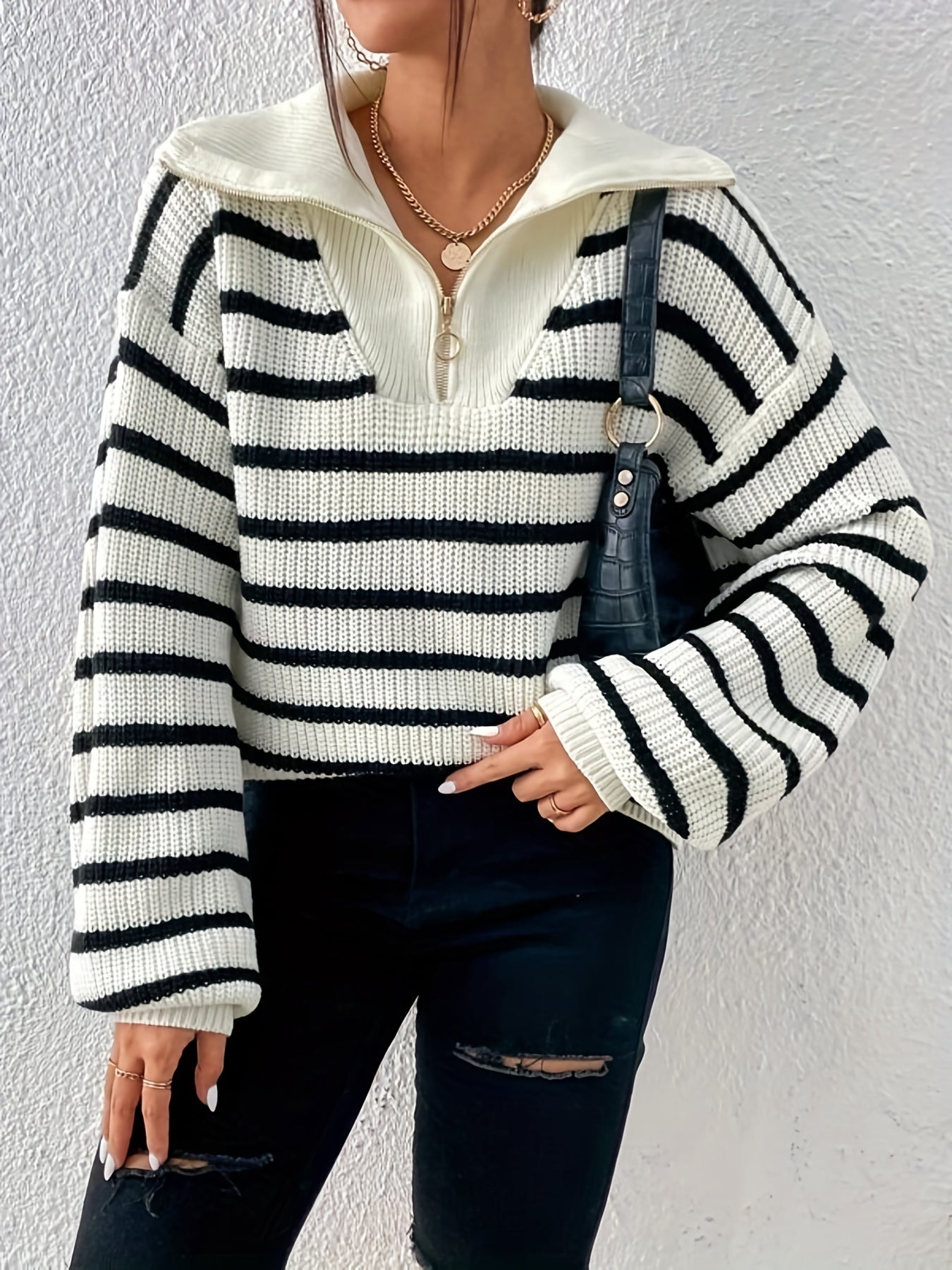 gbolsos Striped Half Zip Pullover Sweater, Casual Long Sleeve Drop Shoulder Sweater, Women's Clothing