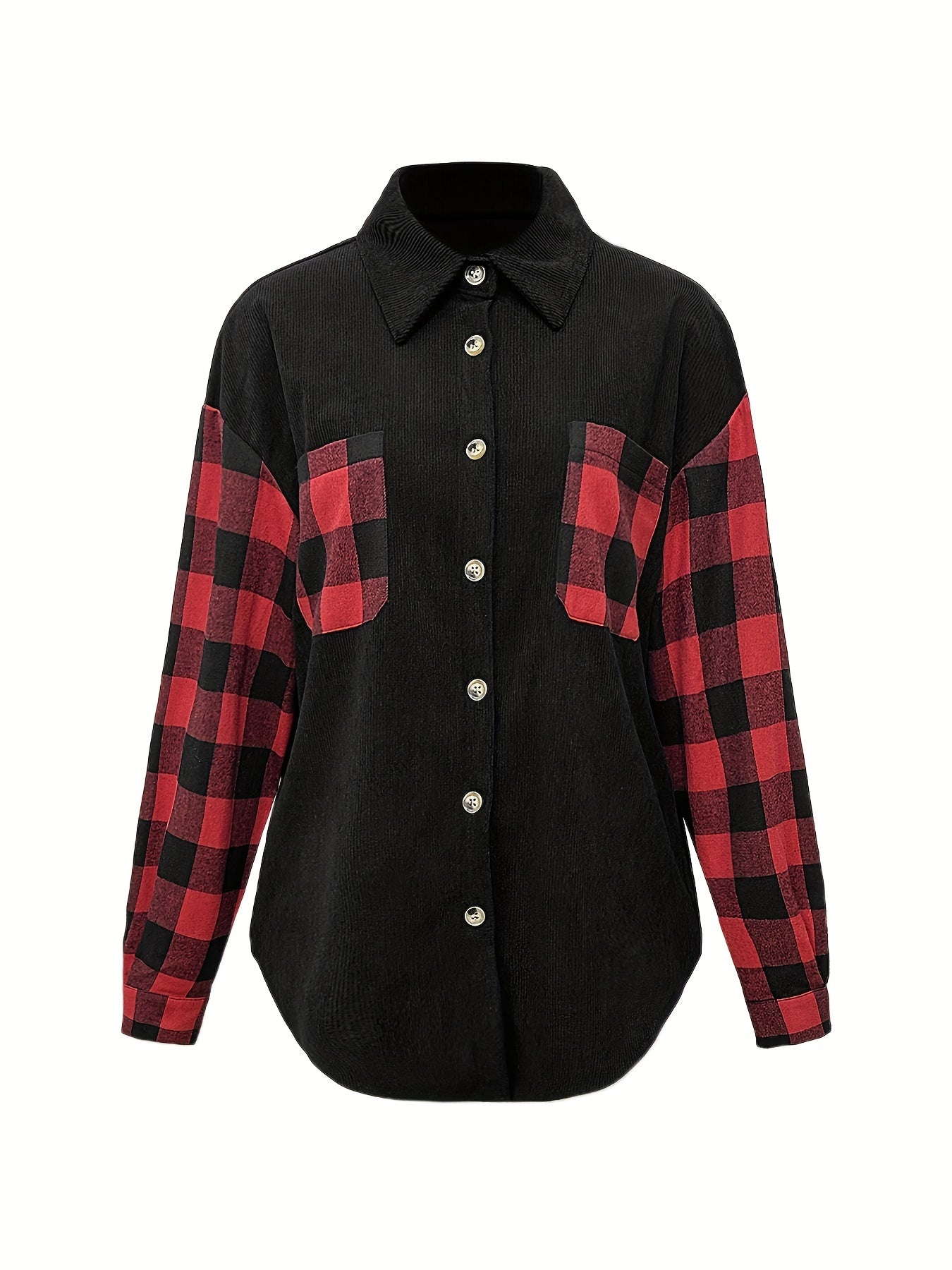 gbolsos Plaid Print Splicing Shirt, Casual Button Front Long Sleeve Shirt, Women's Clothing