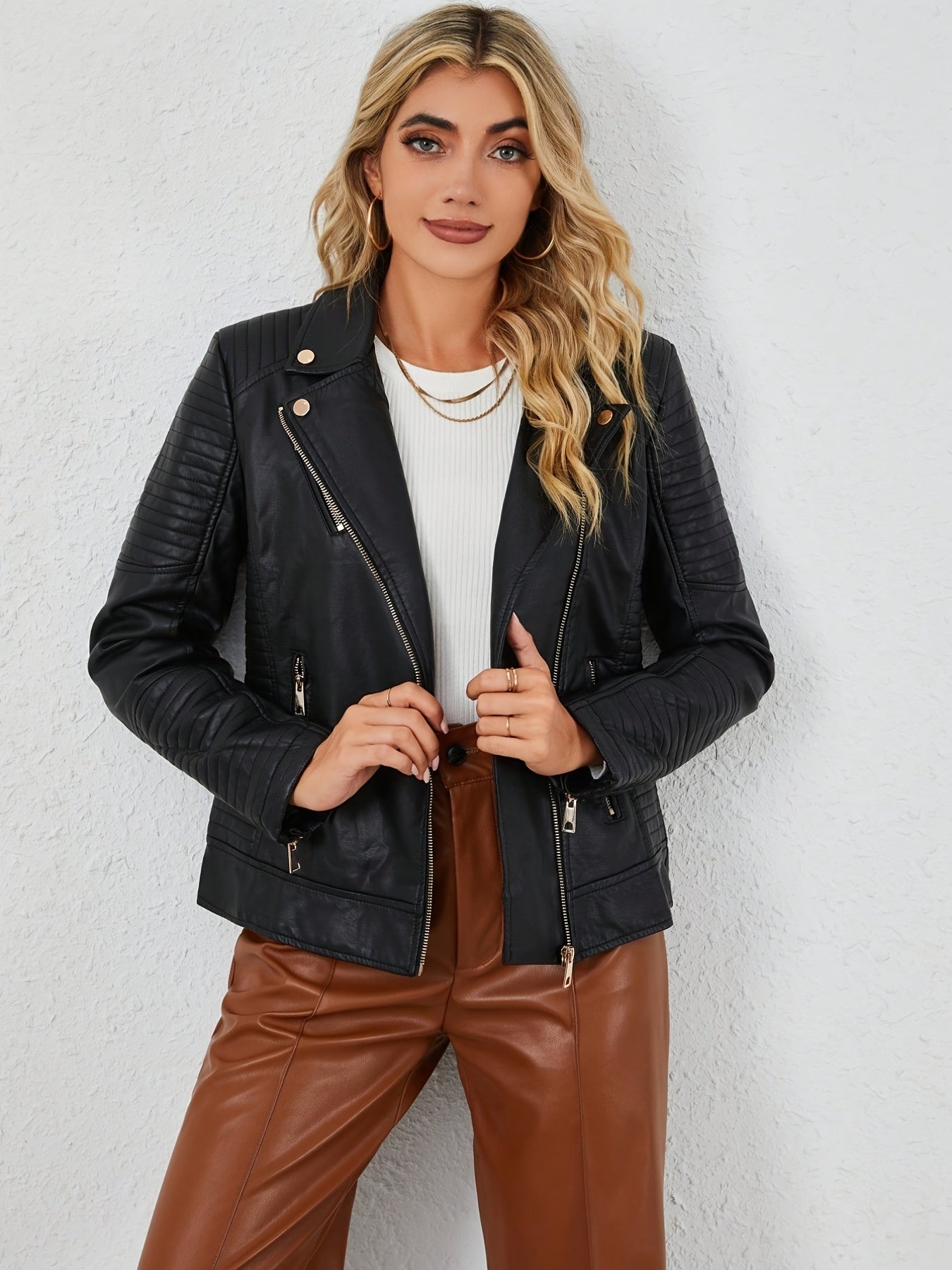 gbolsos PU Leather Print Biker Jacket, Street Wear Zipper Solid Long Sleeve Outerwear, Women's Clothing