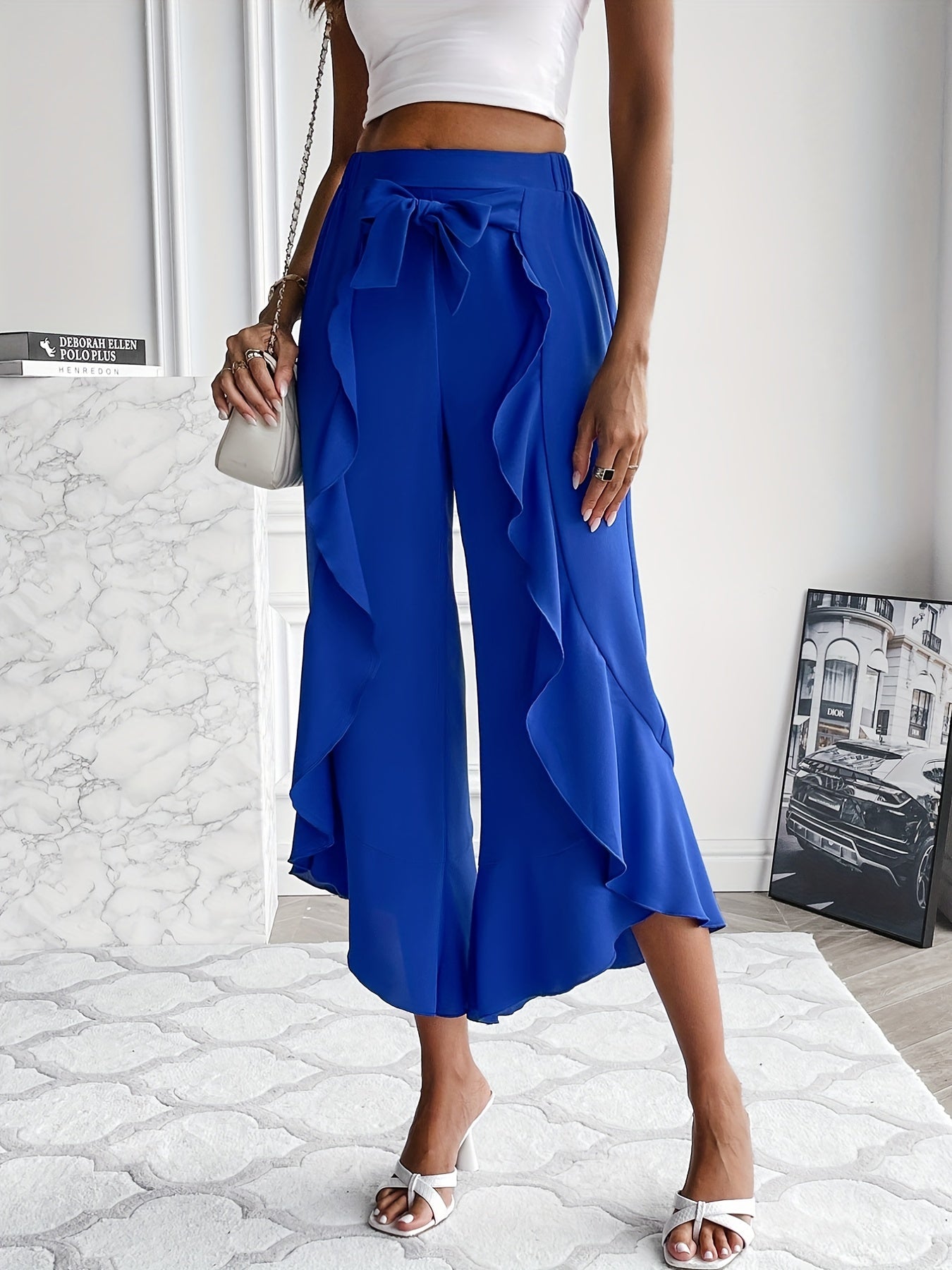 gbolsos Tie Front Irregular Ruffle Trim Pants, Casual Loose Pants For Spring & Fall, Women's Clothing