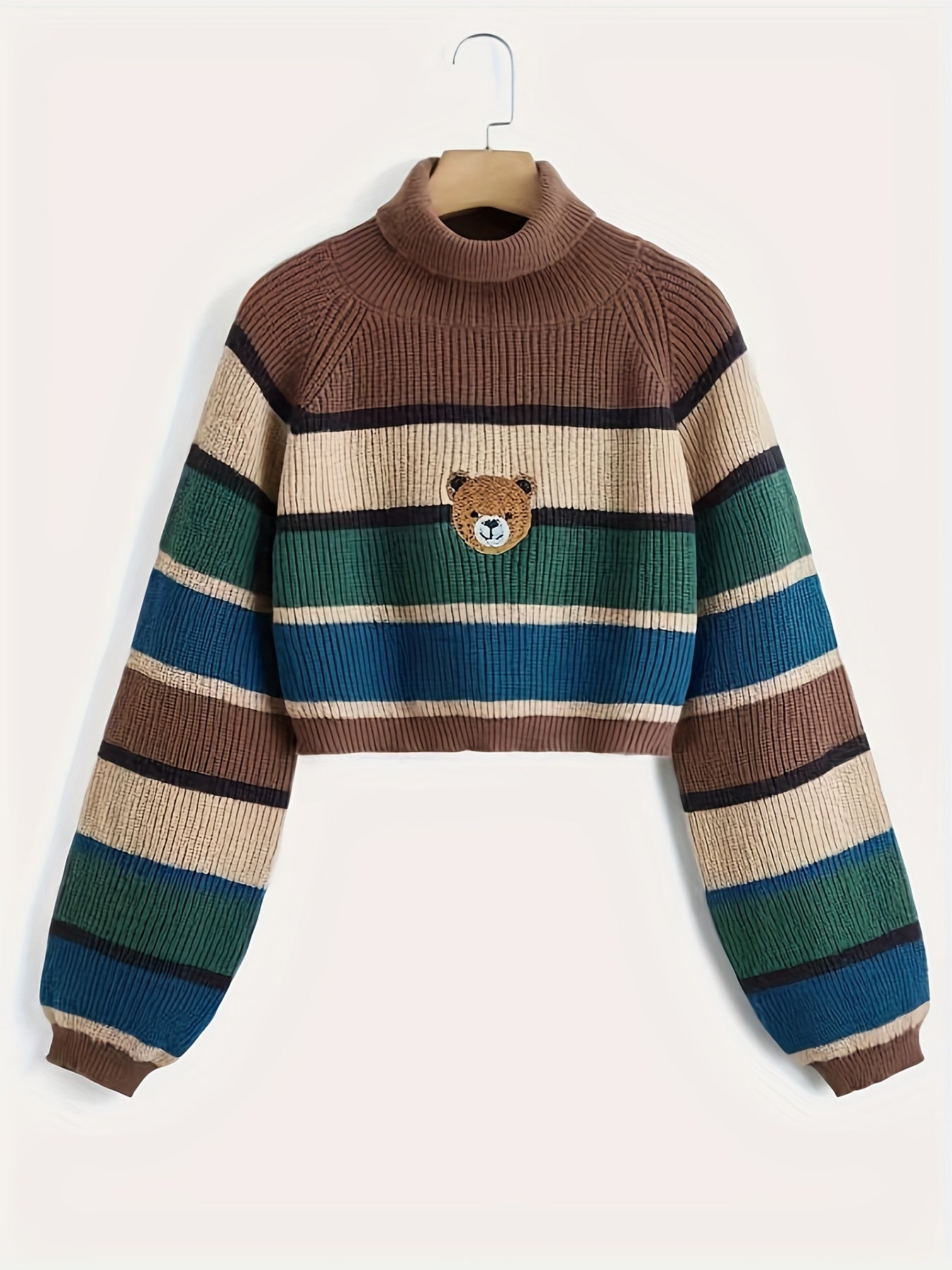 gbolsos Bear Pattern Striped Pullover Sweater, Cute Turtle Neck Long Sleeve Crop Sweater, Women's Clothing