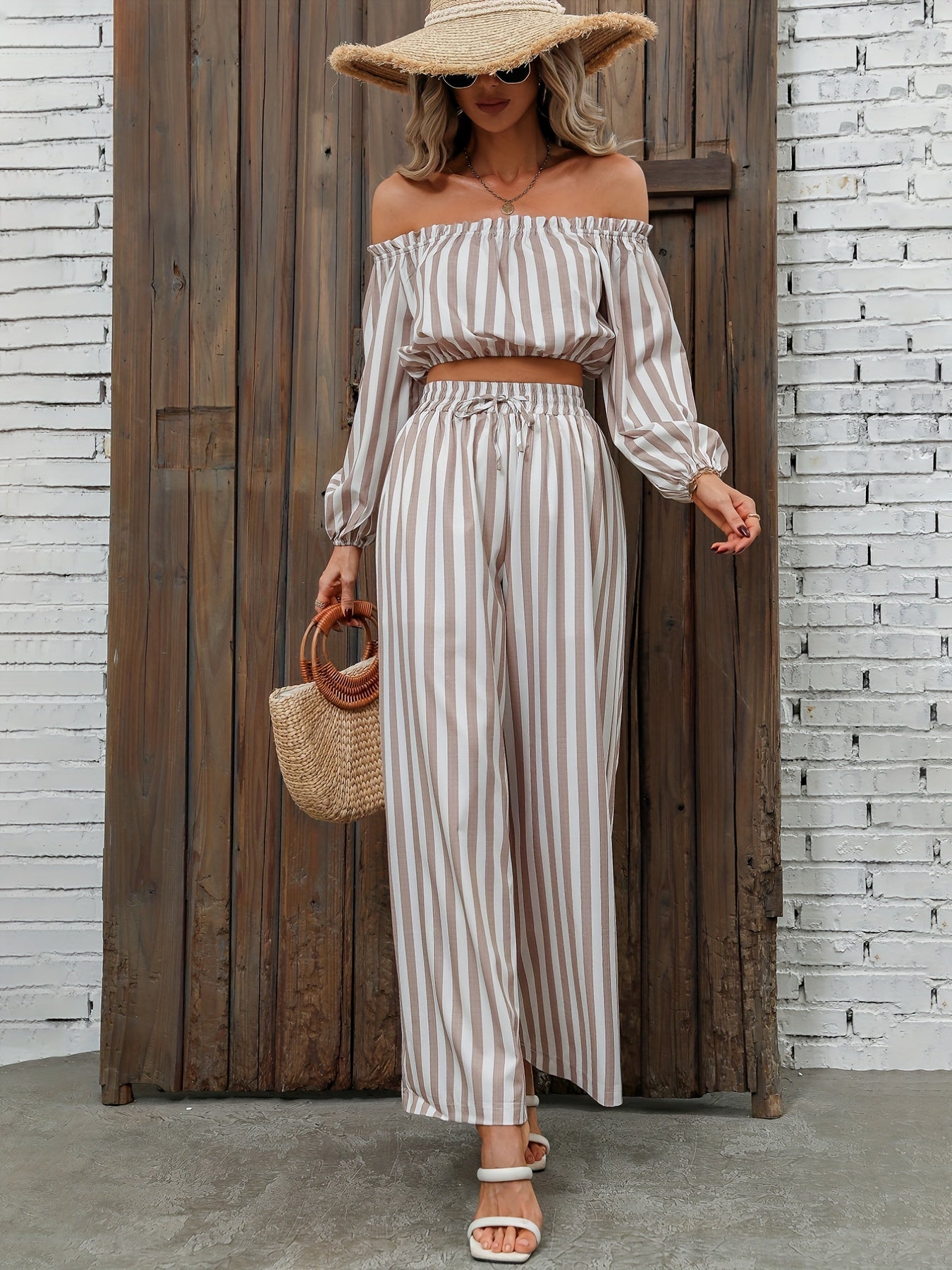 Striped Print Casual Two-piece Set, Off Shoulder Long Sleeve Tops & Wide Leg Drawstring Pants Outfits, Women's Clothing