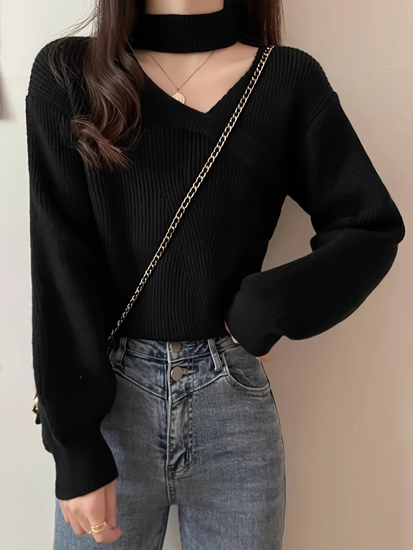 gbolsos Solid Mock Neck Pullover Sweater, Elegant Cut Out Lantern Sleeve Stylish Sweater, Women's Clothing