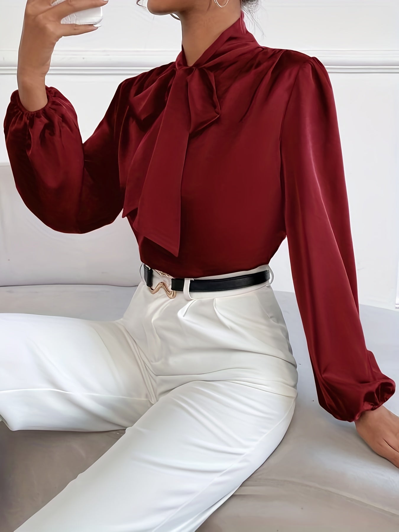 gbolsos Tie Neck Lantern Sleeve Blouse, Elegant Solid Blouse For Office & Work, Women's Clothing