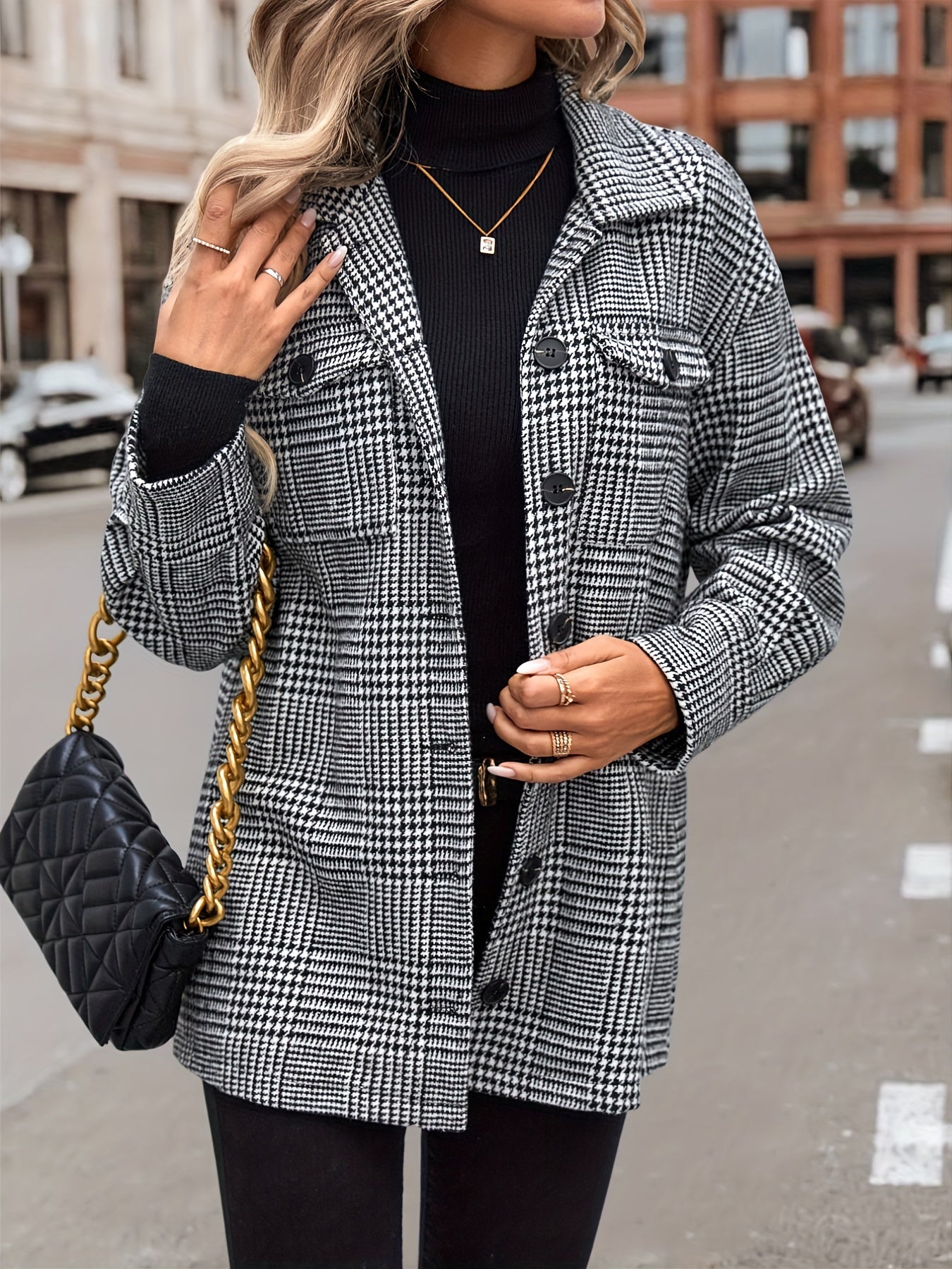 gbolsos Houndstooth Flap Pockets Jacket, Casual Long Sleeve Single Breasted Jacket, Women's Clothing