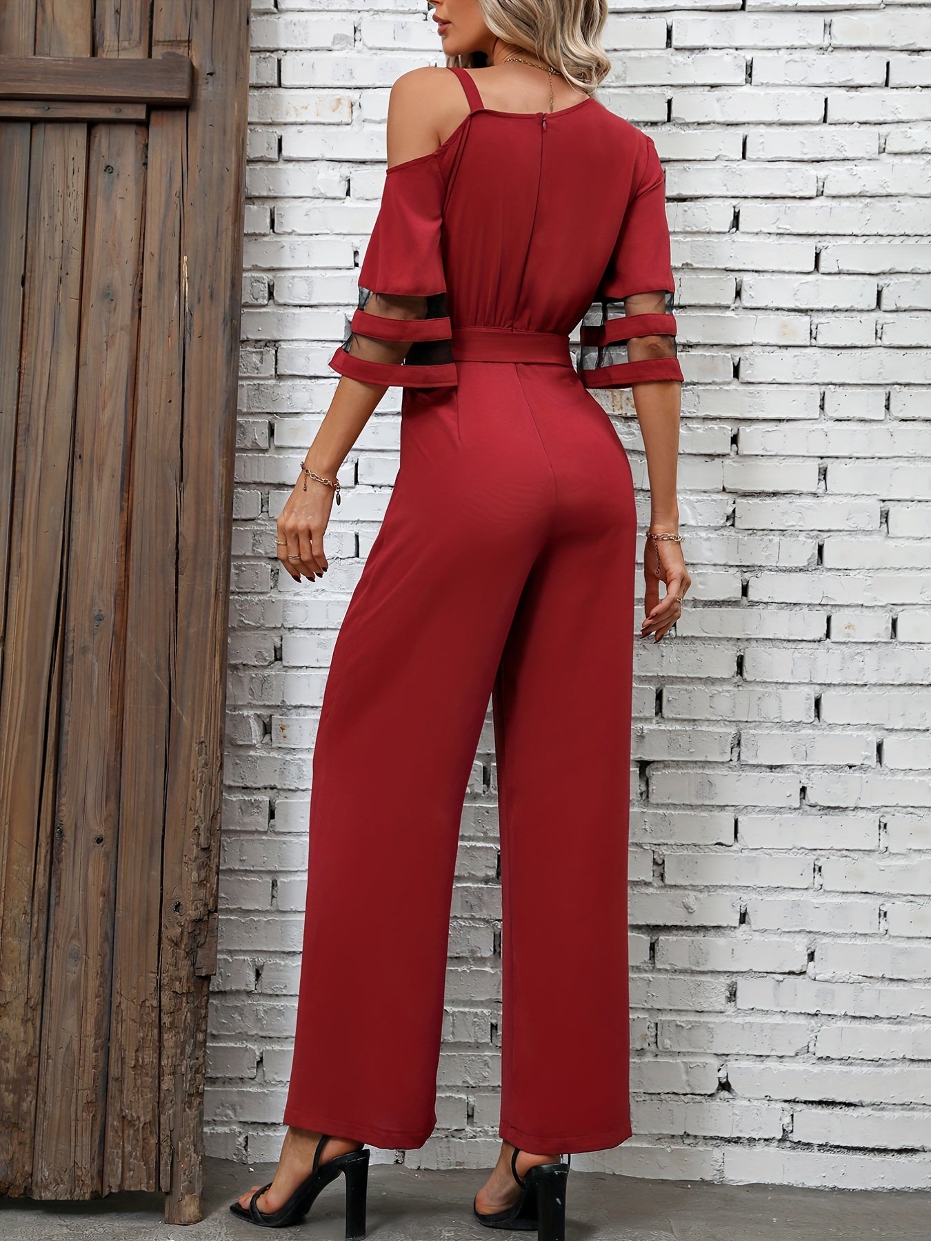 Chain Wide Leg Jumpsuit, Casual High Waist Contrast Mesh Jumpsuit, Women's Clothing