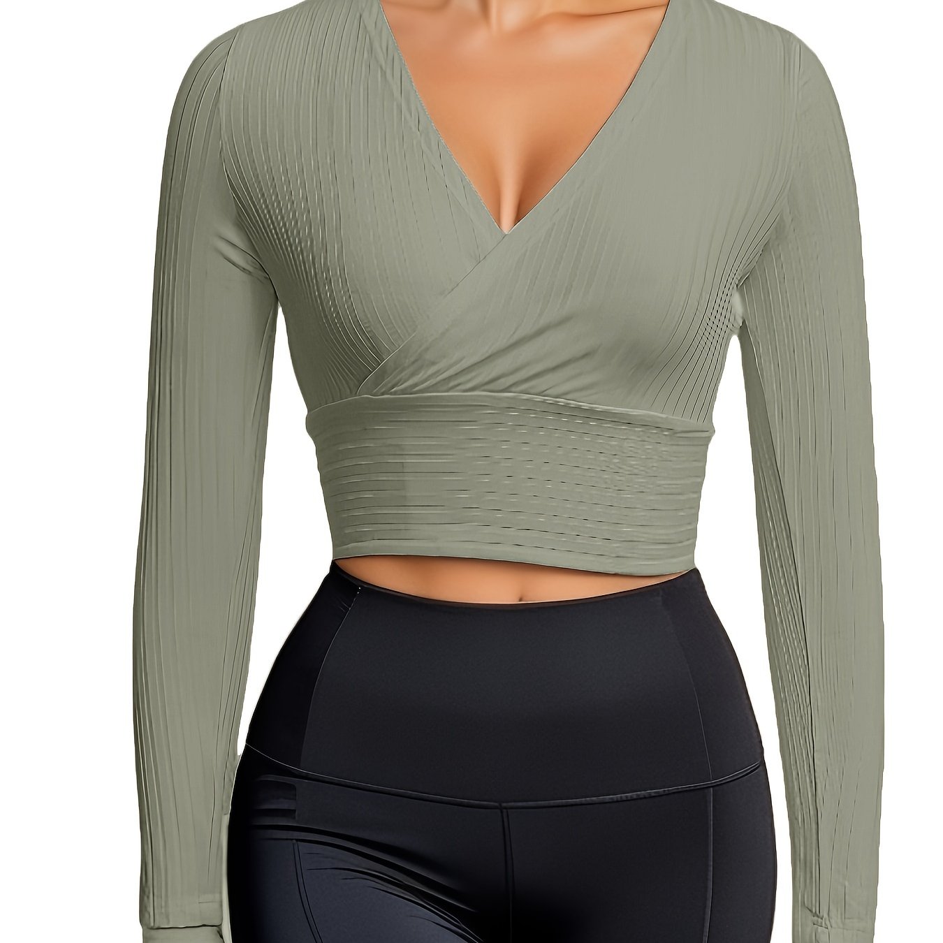 gbolsos Ribbed Solid Deep V Neck Long Sleeve Cross Wrap Crop Tops , Women's Clothings