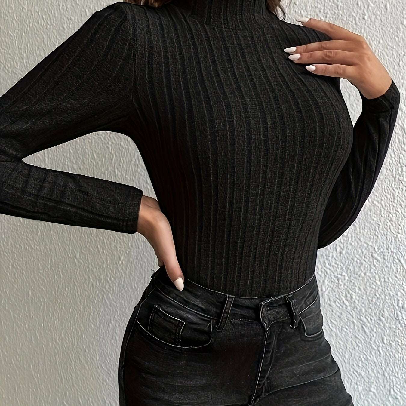 gbolsos Solid Turtleneck Knit Top, Elegant Slim Long Sleeve Sweater For Spring & Fall, Women's Clothing