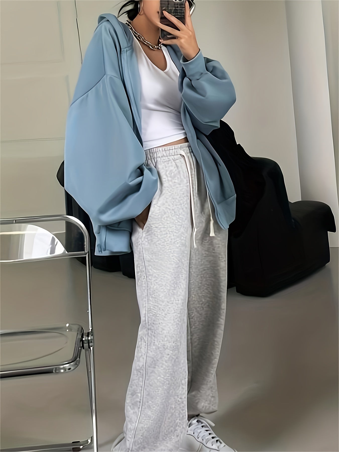 Zip-up Slant Pockets Drop Shoulder Hoodie, Casual Long Sleeve Drawstring Hoodie Outerwear, Women's Clothing