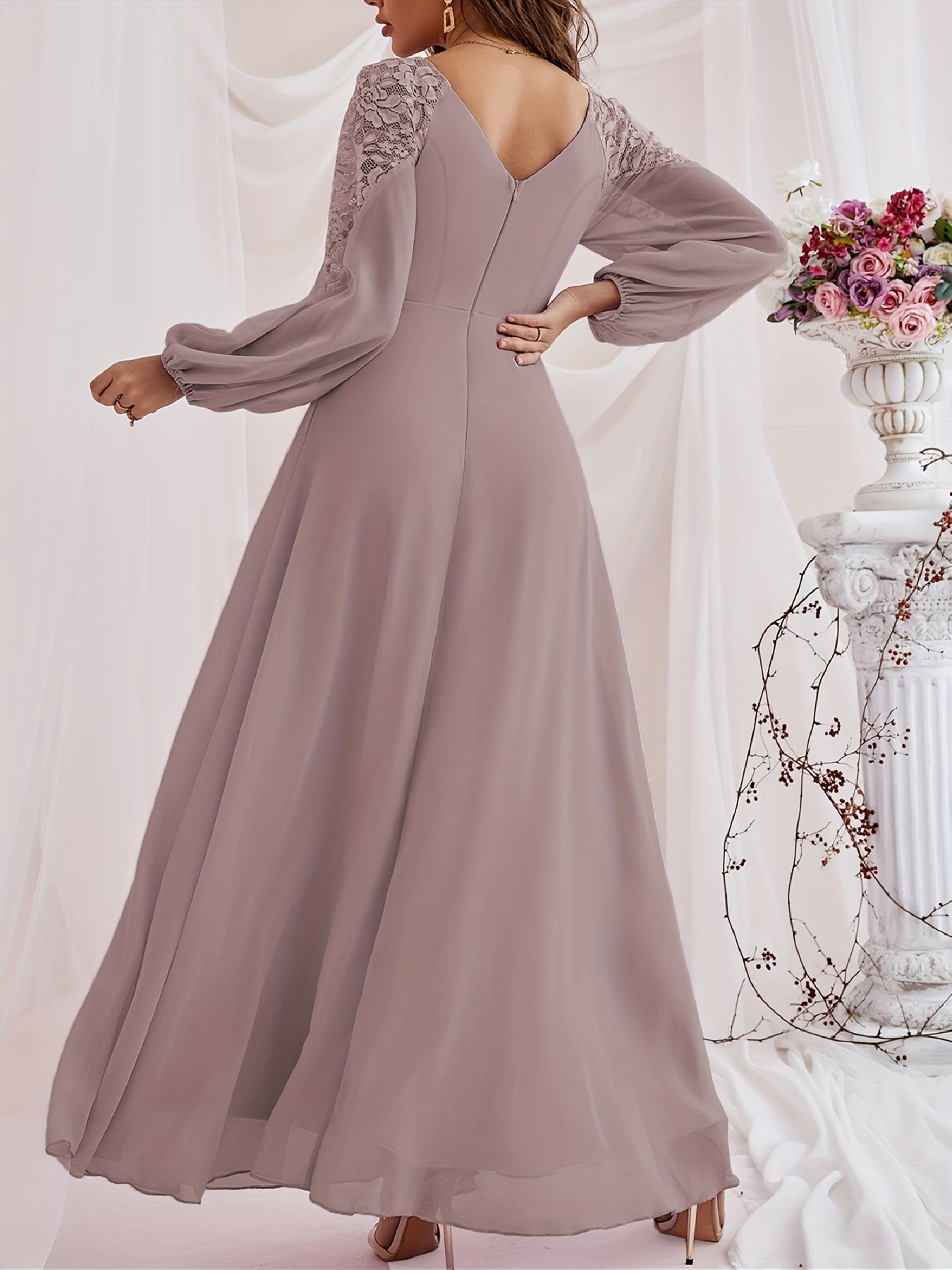 gbolsos Solid Contrast Lace Dress, Elegant V Neck Long Sleeve Maxi Dress, Women's Clothing