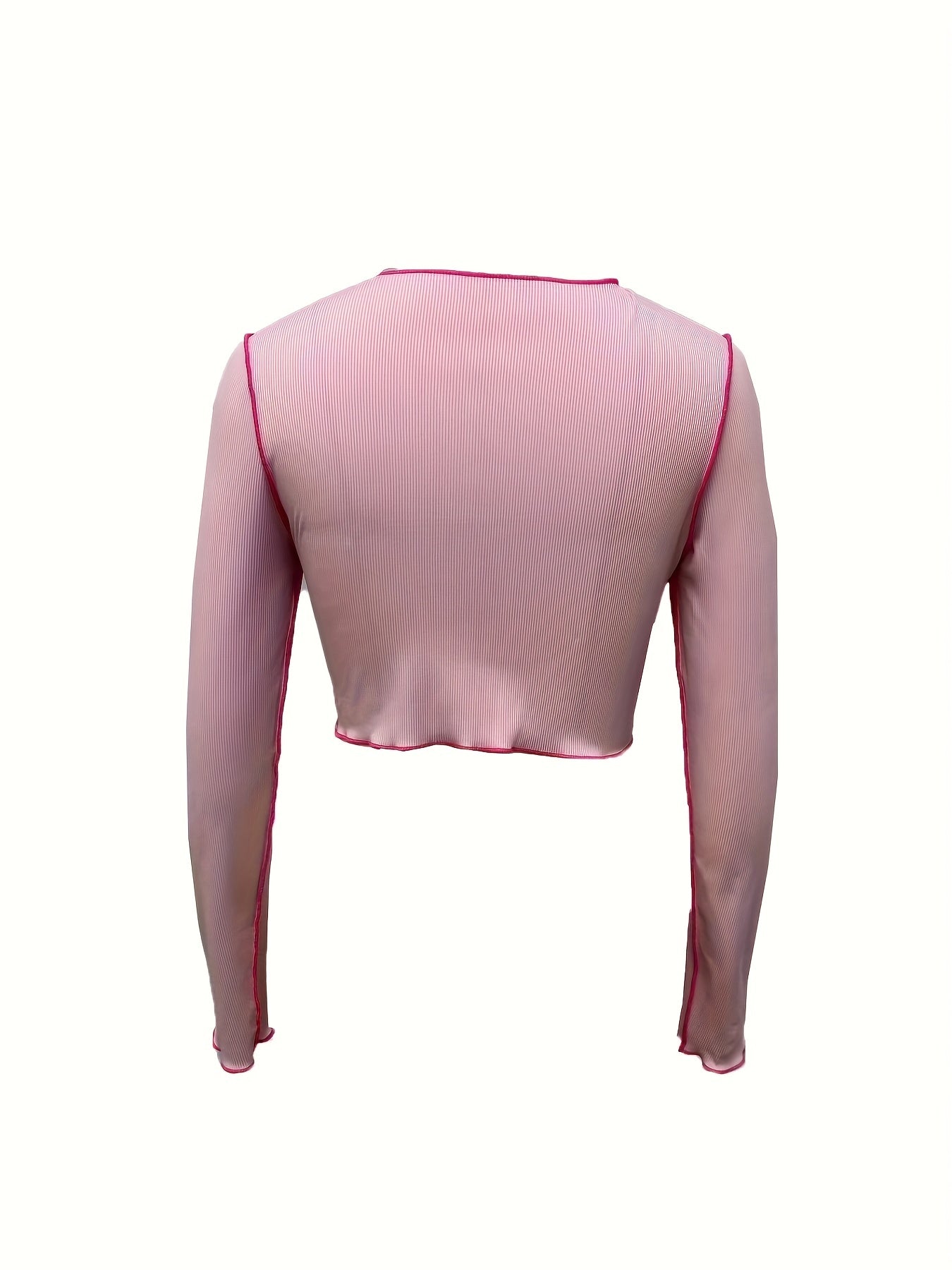 gbolsos Colorblock Crew Neck Crop T-Shirt, Casual Long Sleeve Top For Spring & Fall, Women's Clothing