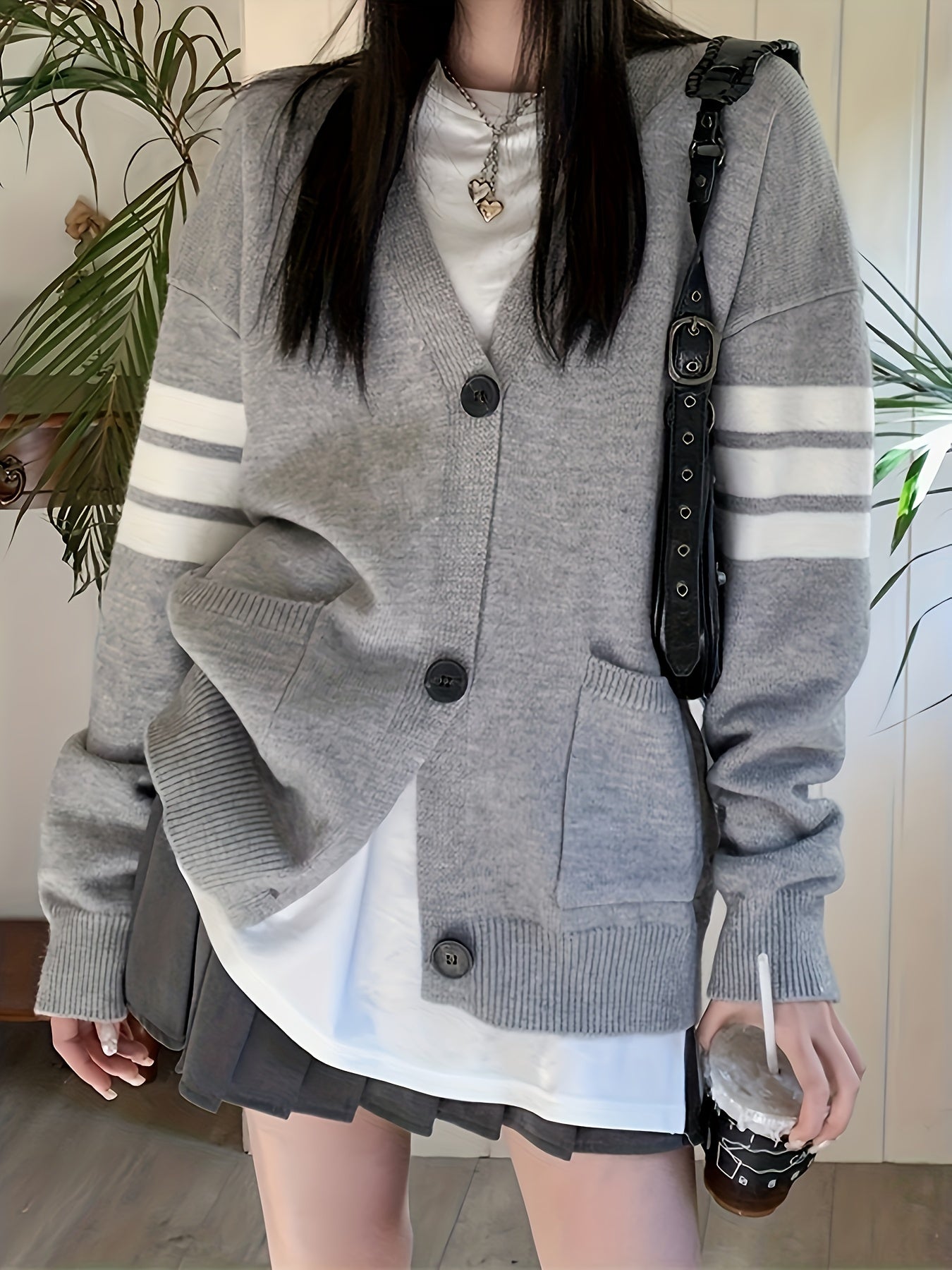 gbolsos Striped Print Button Front Knit Cardigan, Casual V Neck Long Sleeve Sweater For Pockets, Women's Clothing