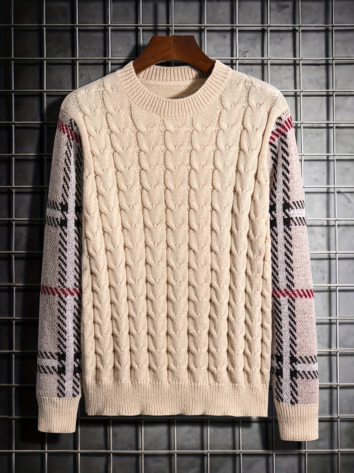 gbolsos Crew Neck Knitted Sweater, Men's Casual Warm Color Block Plaid Sleeves Slightly Stretch Pullover Sweater For Fall Winter