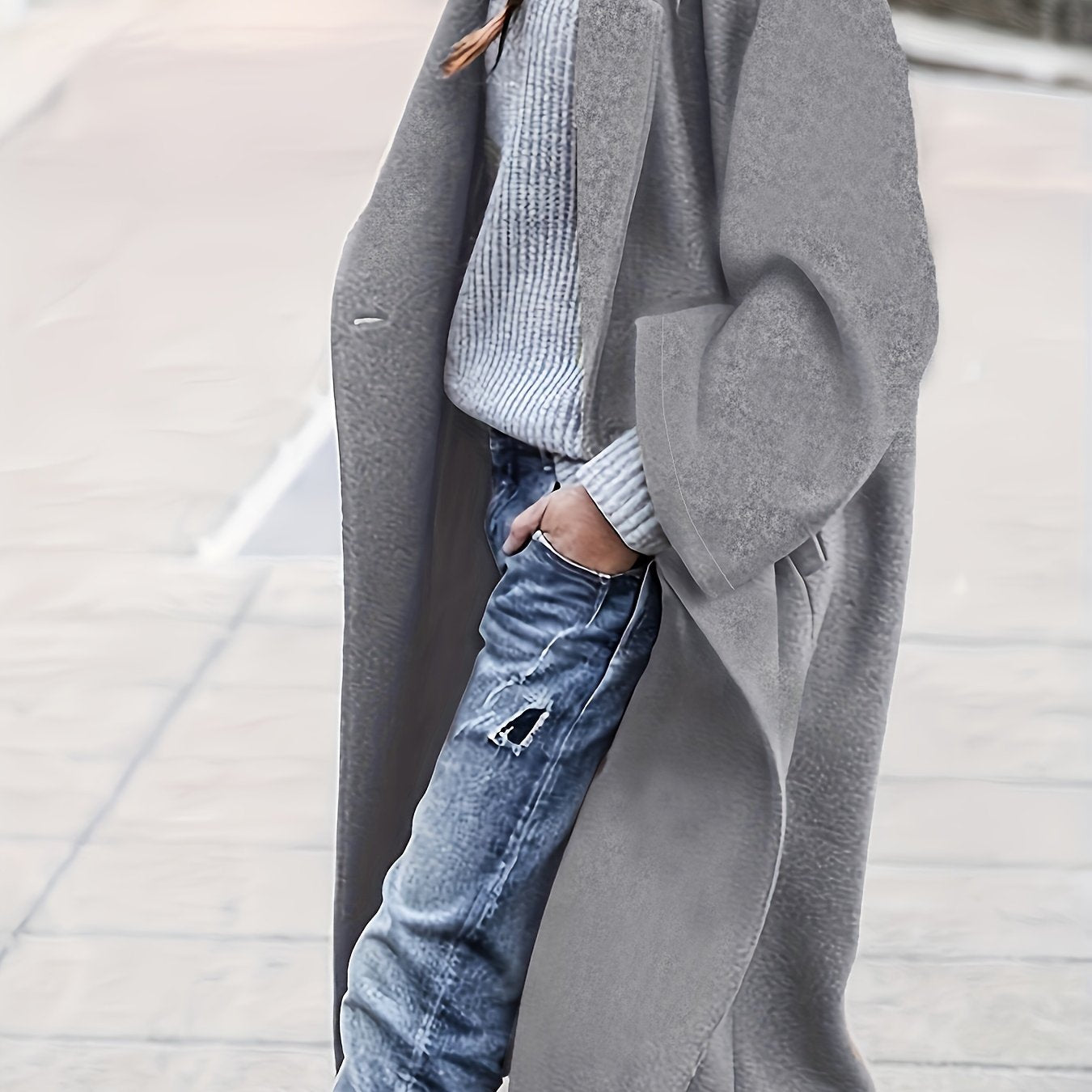 gbolsos Plus Size Elegant Coat, Women's Plus Solid Long Sleeve Lapel Collar Single Breasted Longline Overcoat