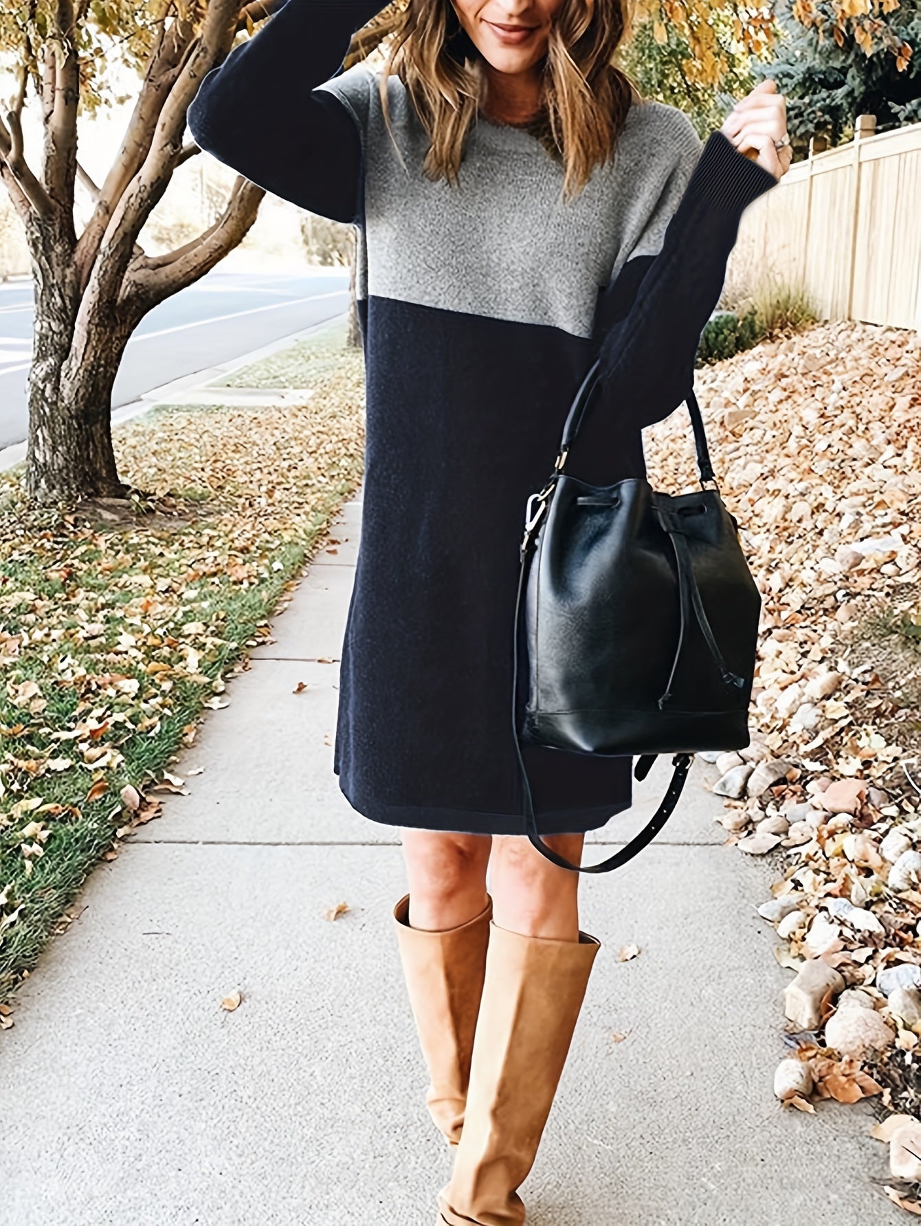 gbolsos Color Block Simple Dress, Casual Crew Neck Long Sleeve Dress, Women's Clothing
