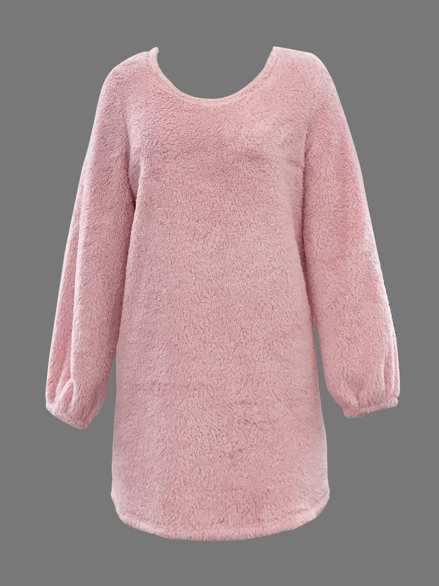 Fuzzy Solid Midi Dress, Casual Crew Neck Long Sleeve Dress, Women's Clothing