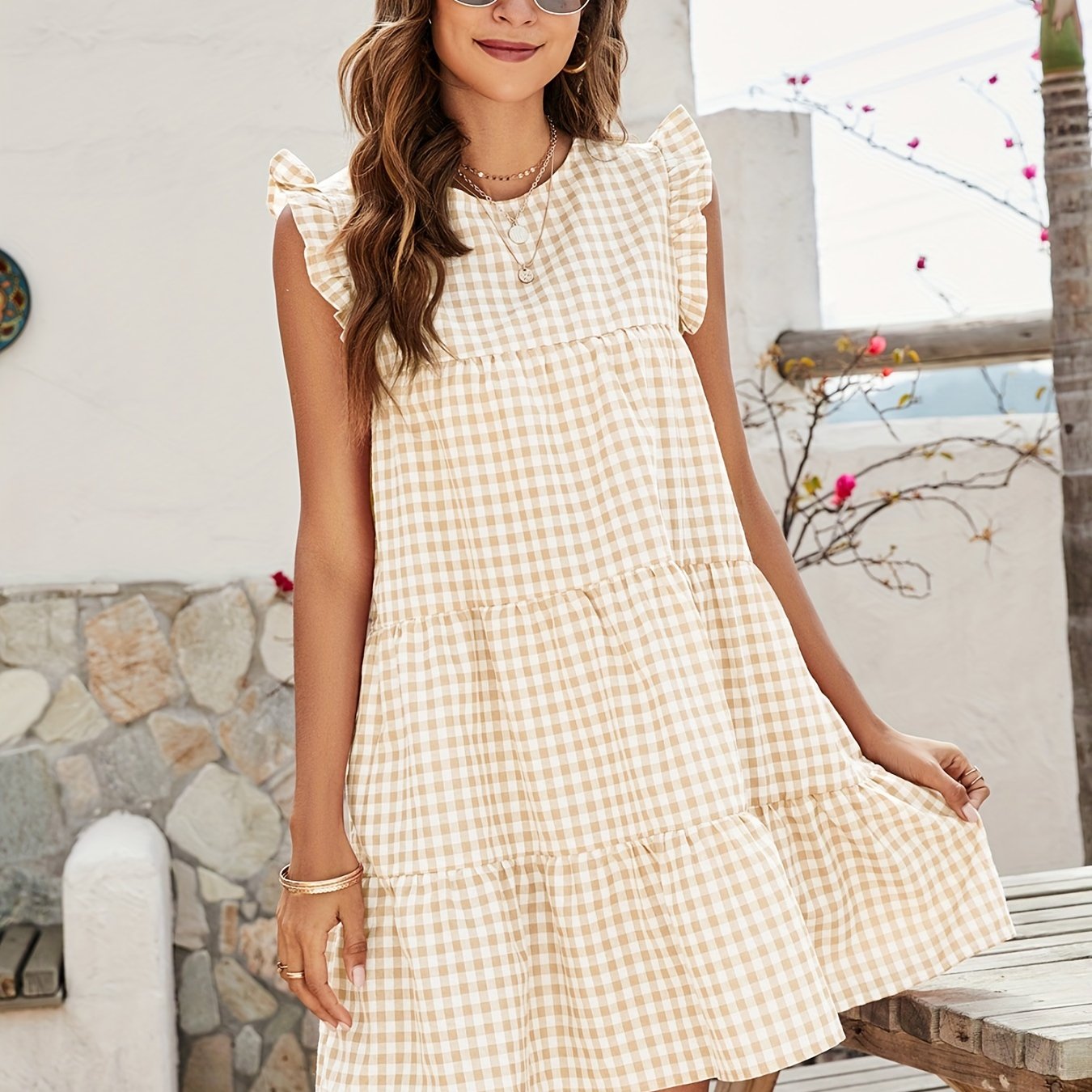gbolsos Plaid Ruffle Hem Dress, Casual Crew Neck Dress For Spring & Summer, Women's Clothing