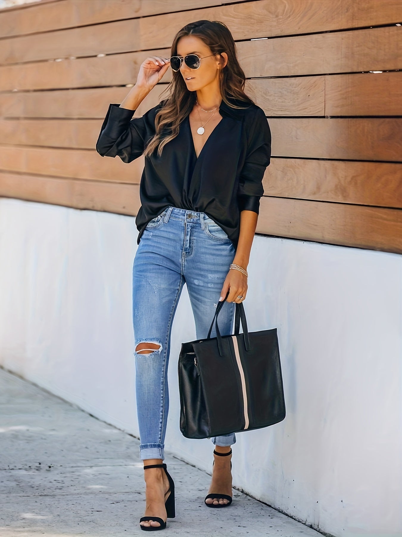 Women's Ripped Slim Fit Denim Pants, Button Fly Slant Pocket Jeans