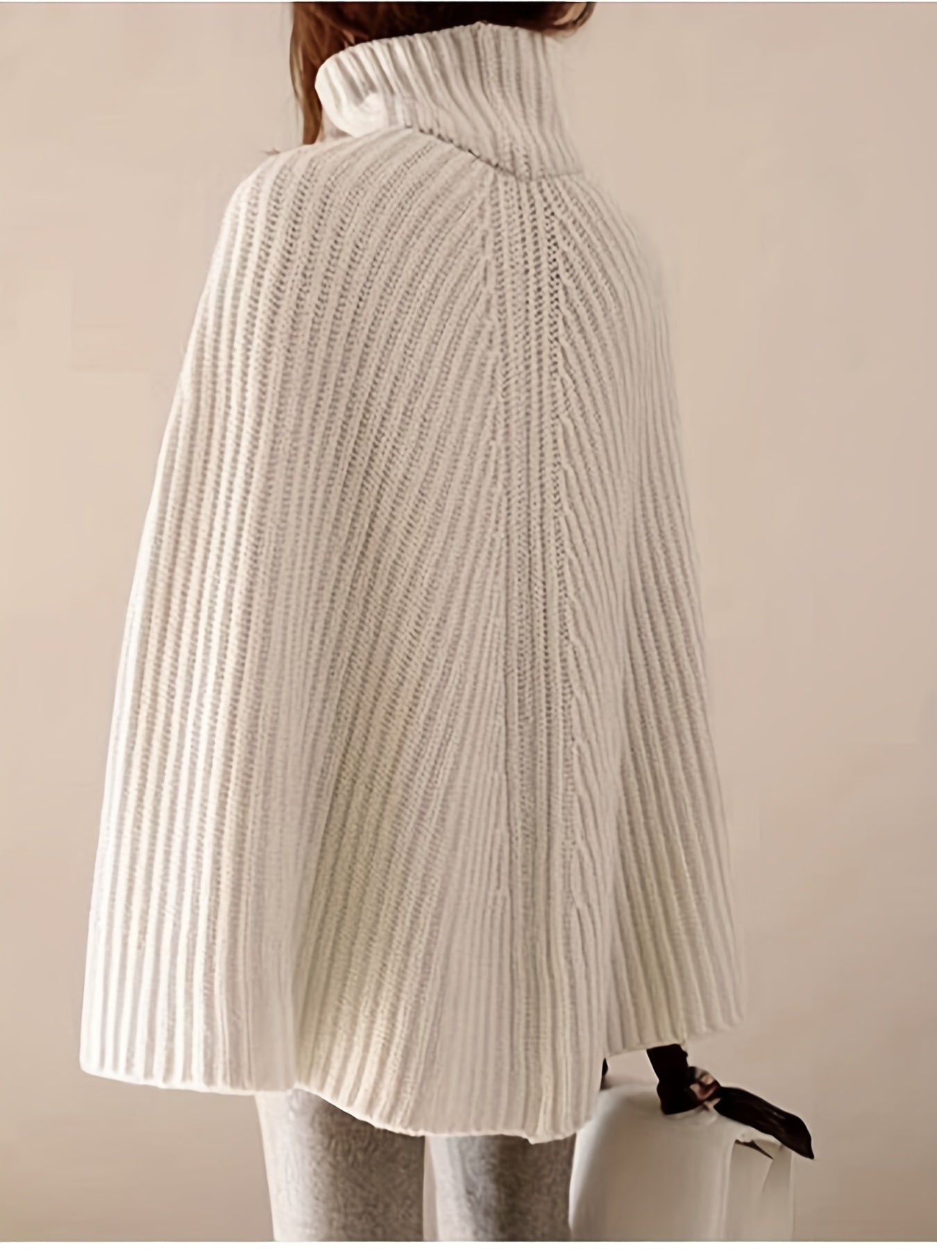 Cape Sleeve Turtle Neck Sweater, Elegant Ribbed Knit Sweater For Fall & Winter, Women's Clothing