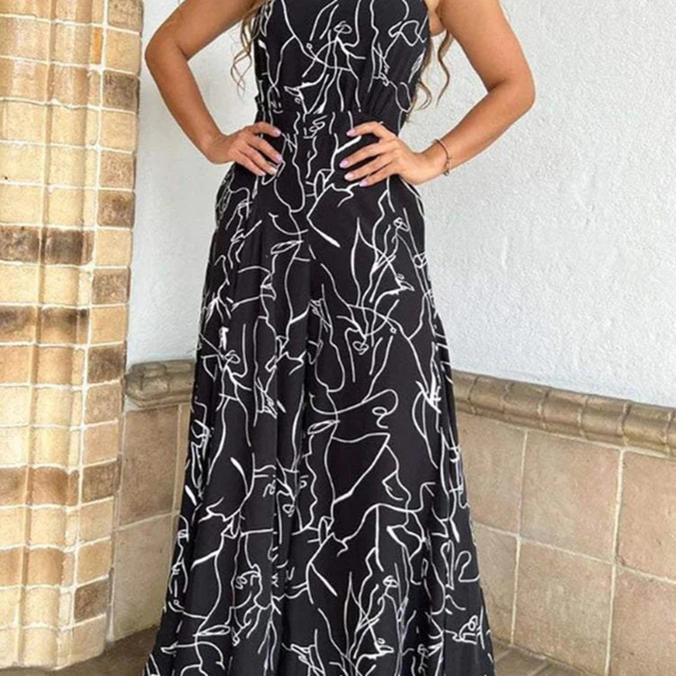 gbolsos Elegant Tie Waist Halter Jumpsuit, Casual Floral Print Sleeveless Summer Wide Leg Jumpsuit, Women's Clothing