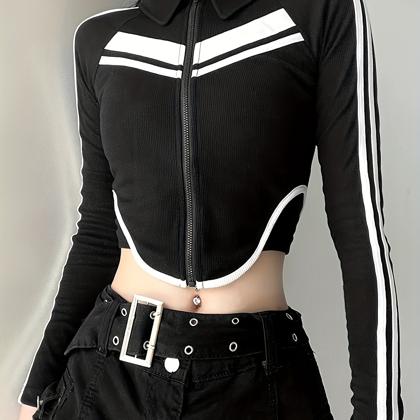 kkboxly Colorblock Ribbed Zip Front Crop T-Shirt, Y2K Long Sleeve Top For Spring & Fall, Women's Clothing