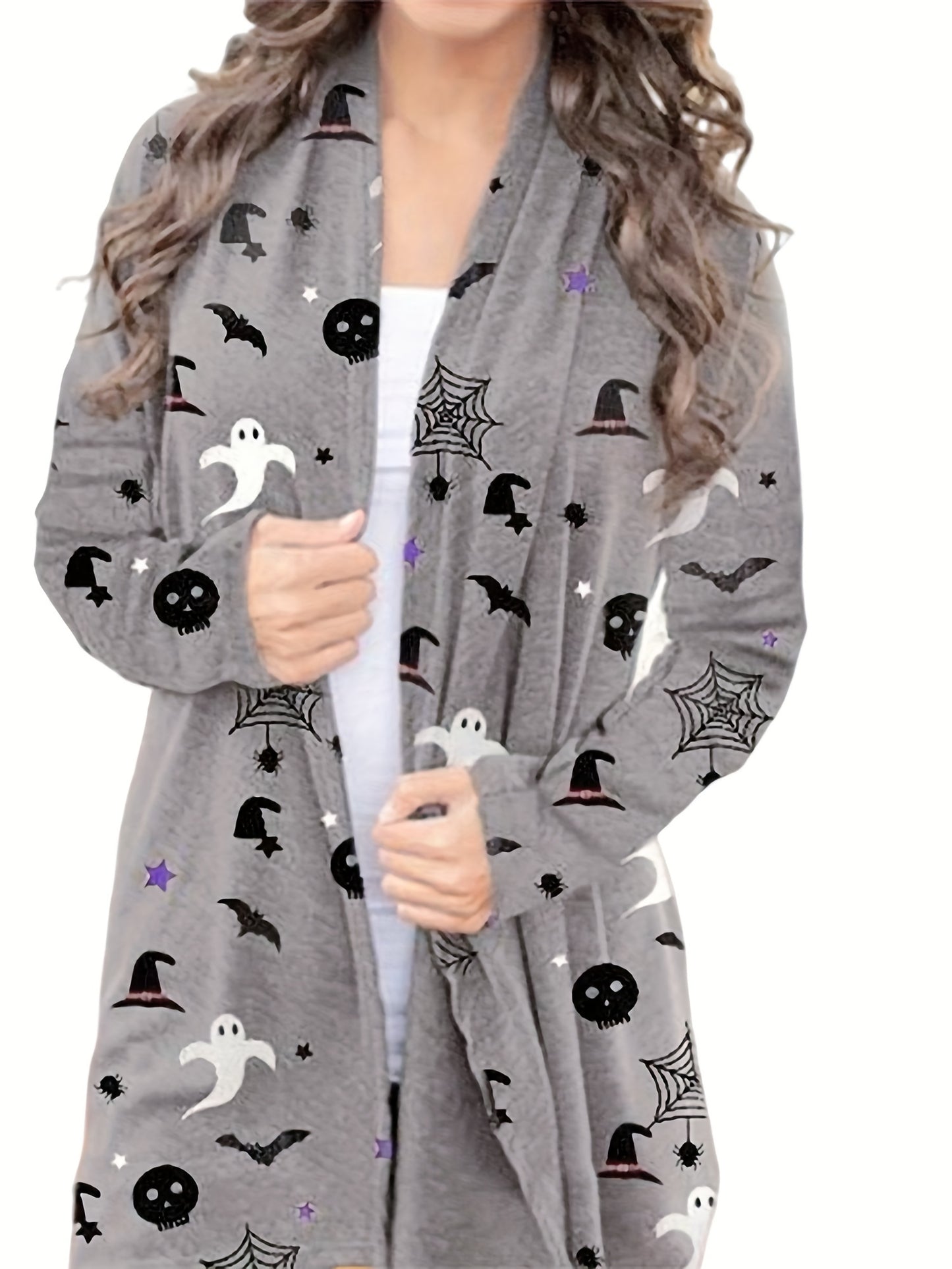 gbolsos Halloween Allover Print Cardigan, Open Front Long Sleeve Cardigan For Spring & Fall, Women's Clothing
