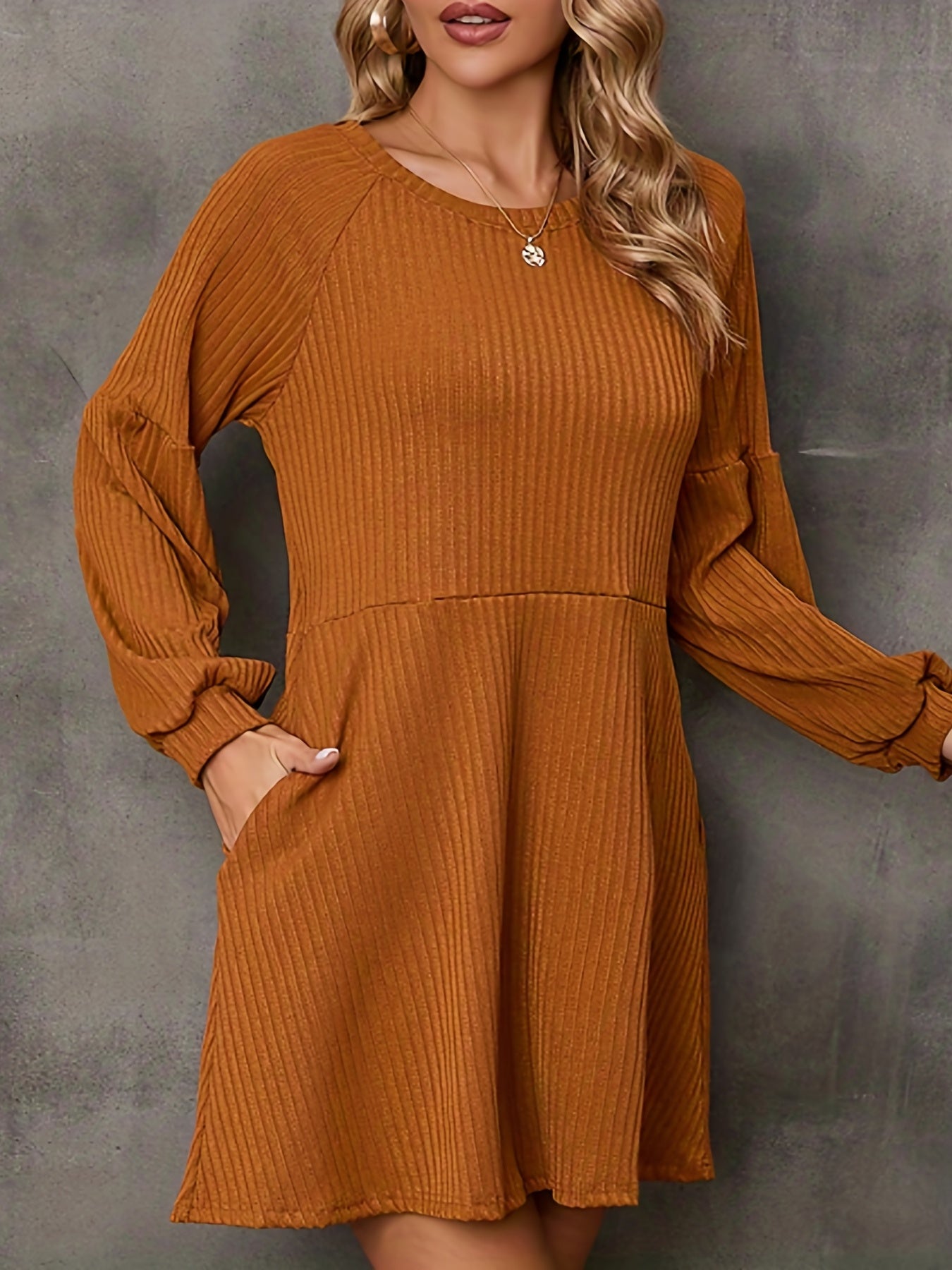 Solid Crew Neck Dress, Elegant Long Sleeve Dress For Fall & Winter, Women's Clothing
