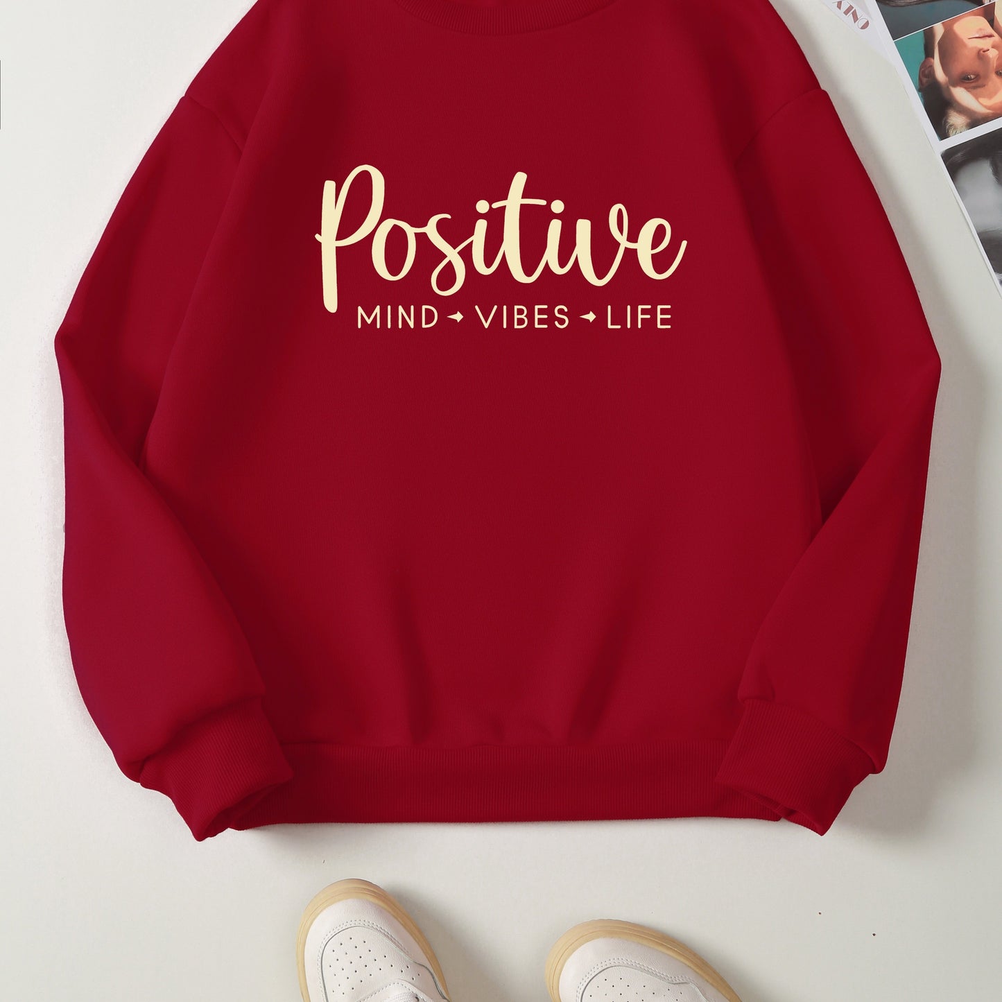Positive Print Pullover Sweatshirt, Casual Long Sleeve Crew Neck Sweatshirt For Fall & Winter, Women's Clothing