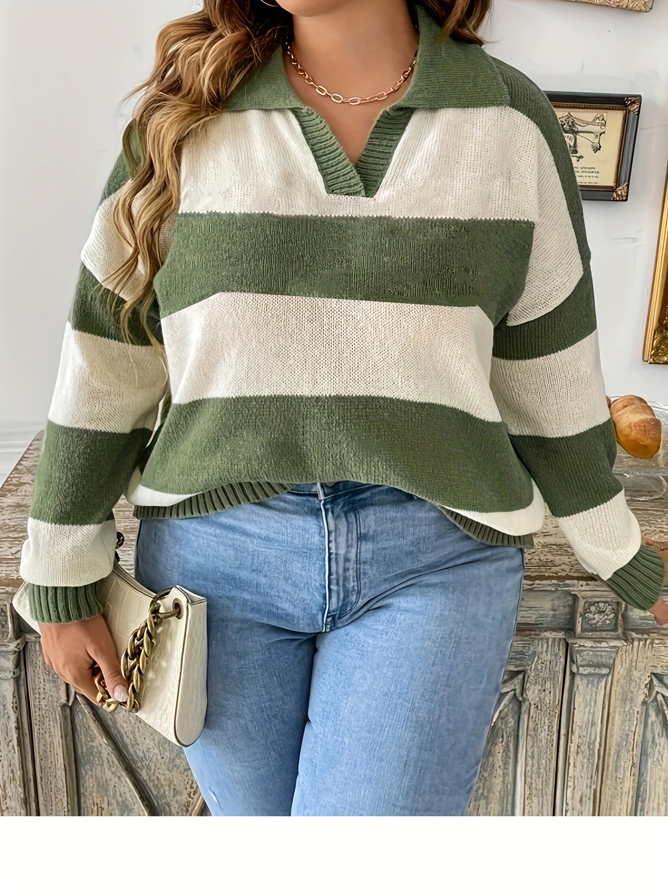 gbolsos Plus Size Casual Sweater, Women's Plus Colorblock Stripe Print Drop Shoulder Long Sleeve V Neck Lapel Collar Slight Stretch Pullover Sweater
