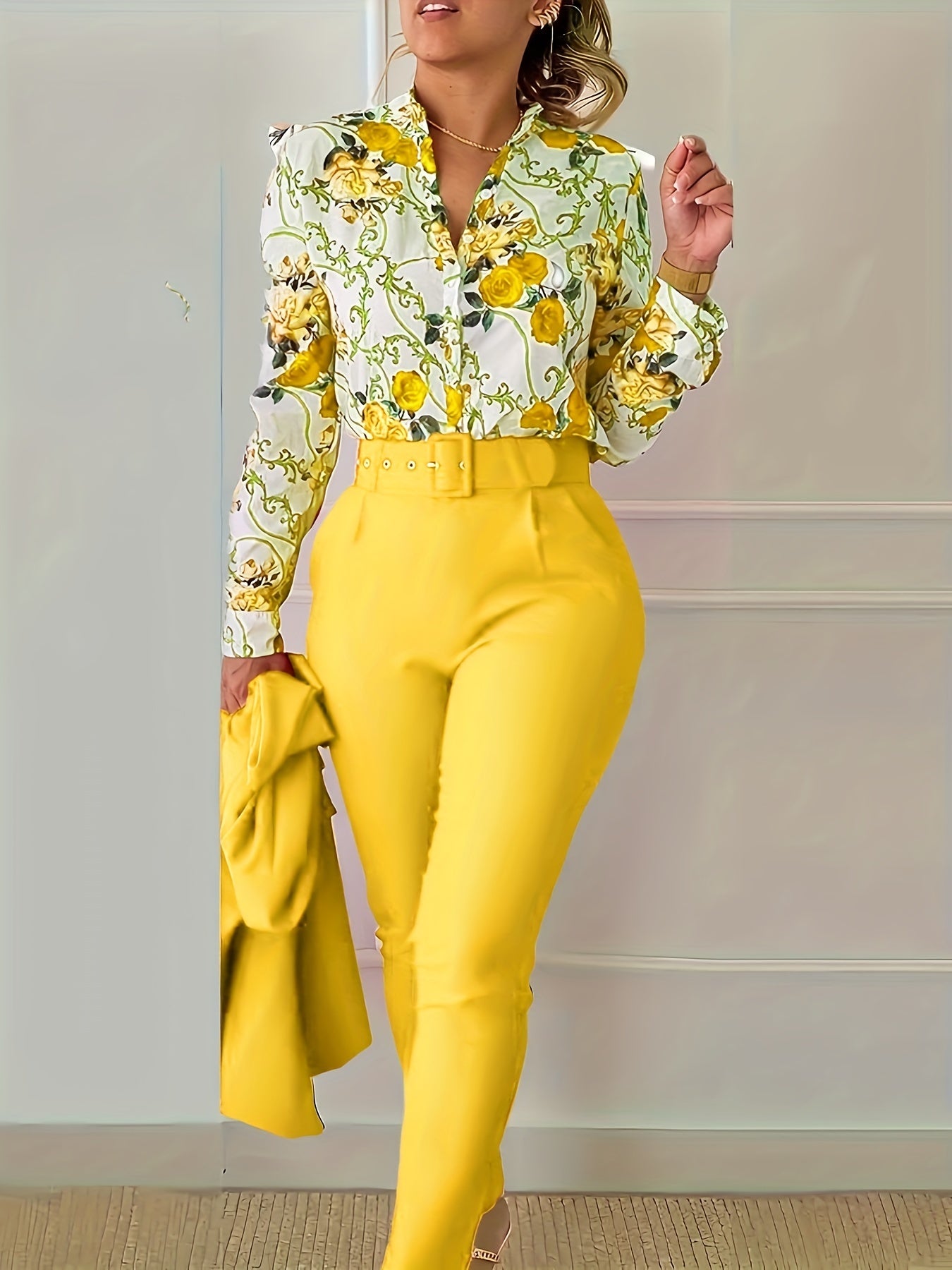 gbolsos Elegant Two-piece Set, Floral Print V Neck Long Sleeve Blouse & Solid Belted Tapered Pants Outfits, Women's Clothing