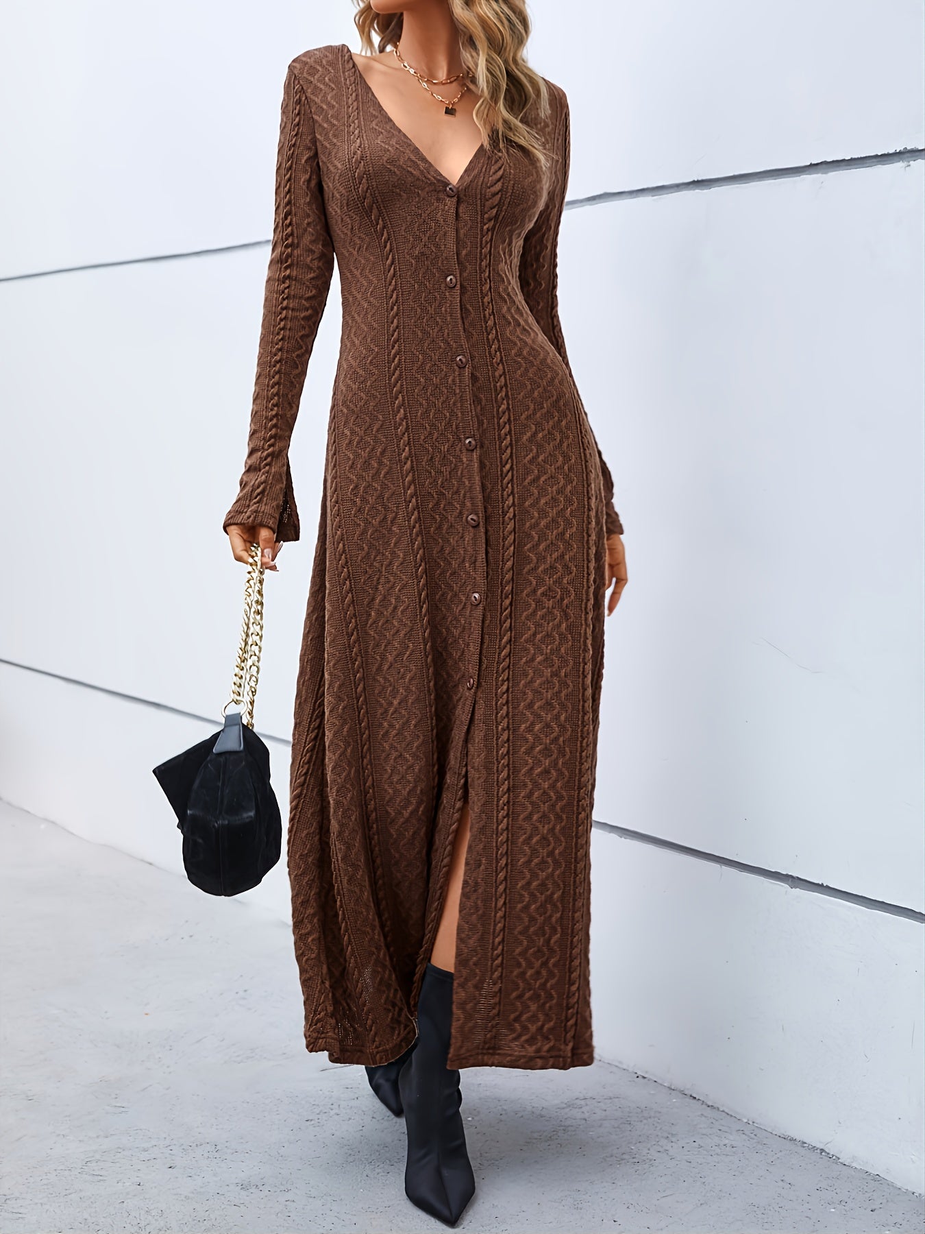 gbolsos Elegant Buttons Slit Long Dress, Casual Deep V Neck Long Sleeve Waist Long Dresses, Women's Clothing