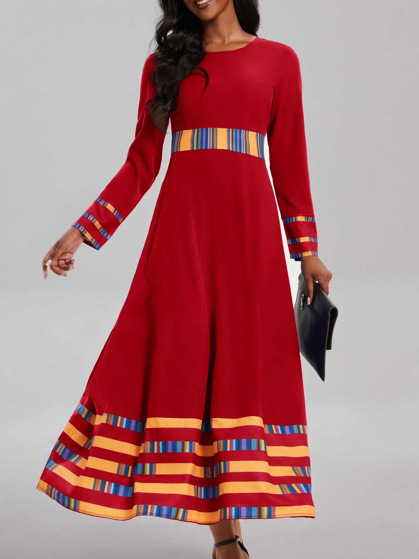 gbolsos Striped & Color Block Ankle Dress, Casual Crew Neck Long Sleeve Dress, Women's Clothing