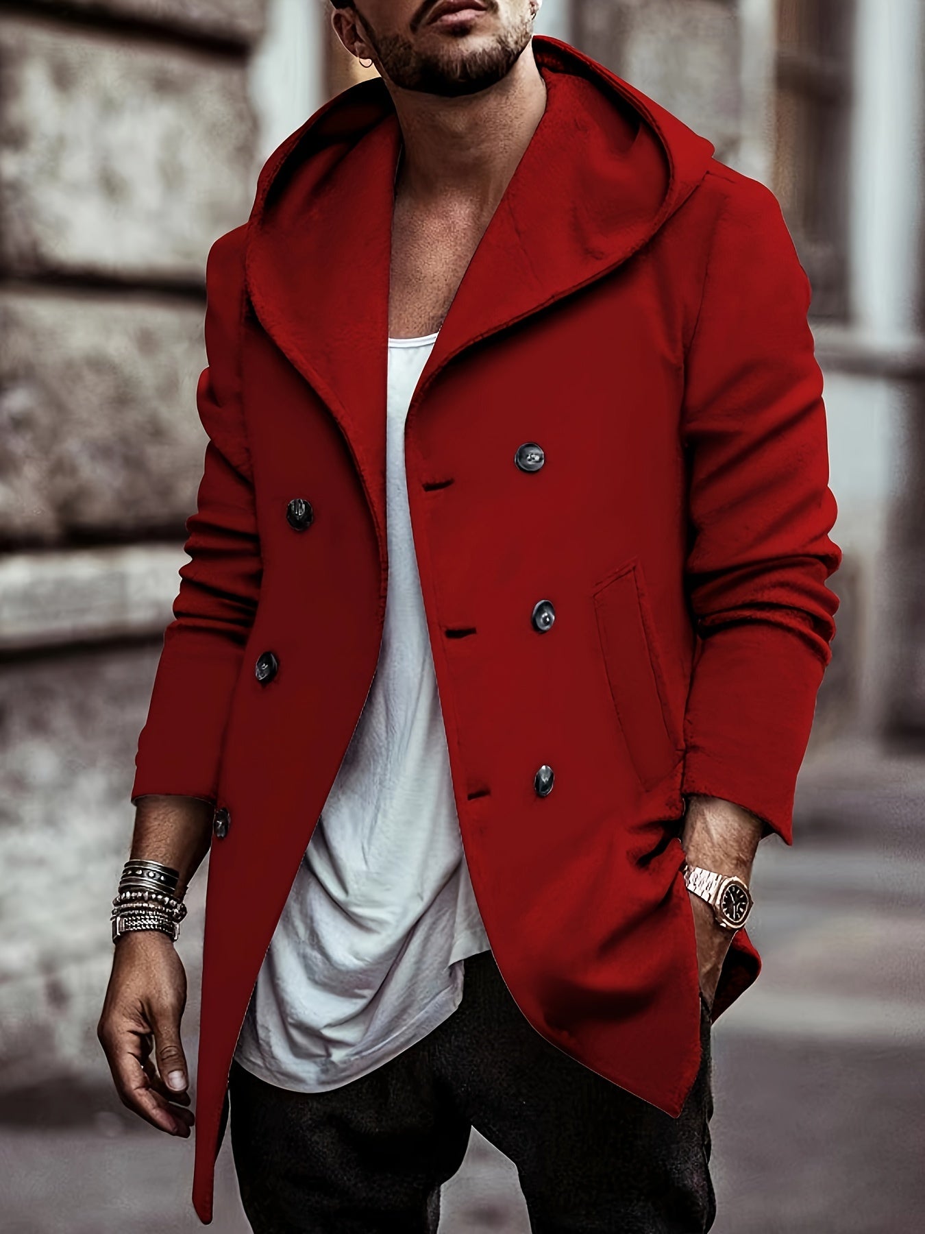 gbolsos Cotton Blend Men's Trendy Retro Hooded Long Sleeve Coat Windbreaker Stylish Long Overcoat For Autumn Winter