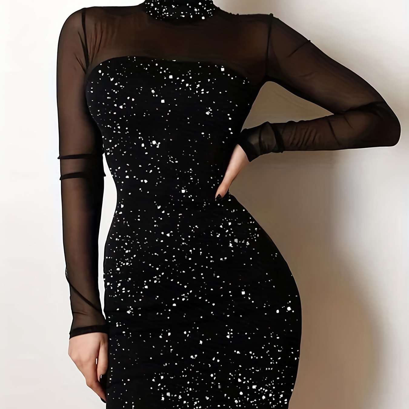 gbolsos Sheer Splicing Dress, Sexy Solid High Collar Long Sleeve Bodycon Evening Dress, Women's Clothing