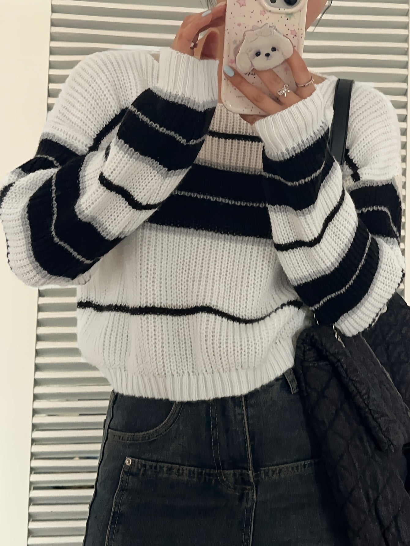 gbolsos Striped Crew Neck Pullover Sweater, Casual Long Sleeve Crop Sweater, Women's Clothing
