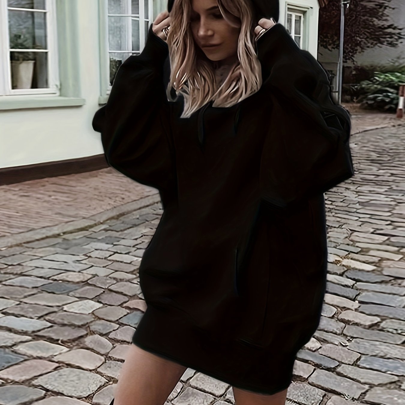 Solid Drawstring Hoodie, Casual Long Sleeve Drop Shoulder Hoodie, Women's Clothing