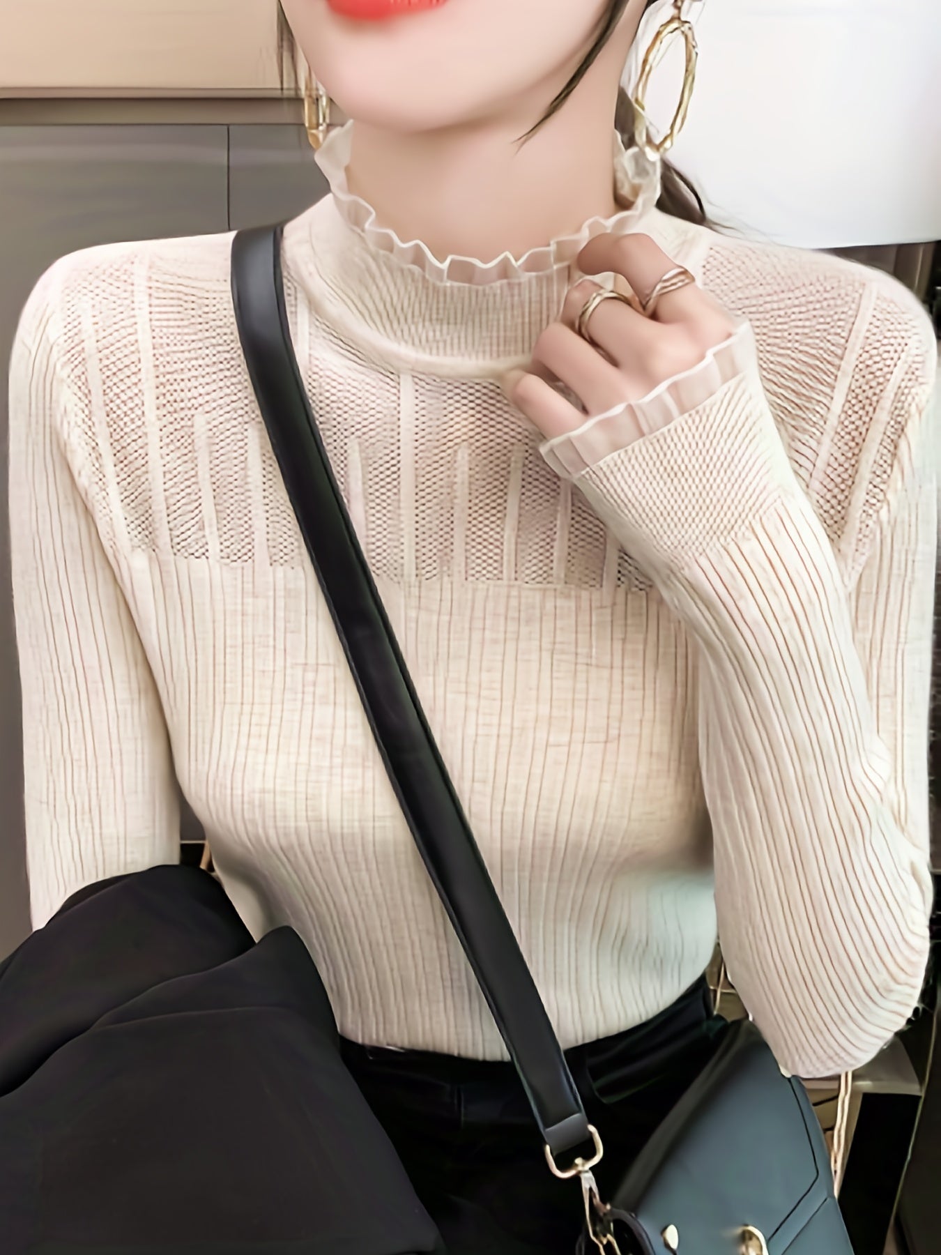 Solid Lace Mock Neck Slim Sweater, Casual Long Sleeve Sweater For Spring & Fall, Women's Clothing