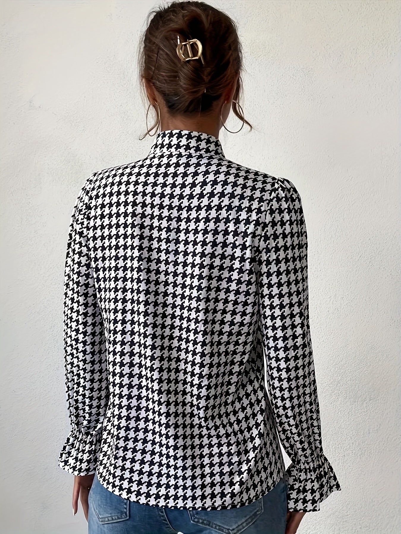 gbolsos Houndstooth Print Notch Neck Blouse, Elegant Ruffle Trim Lantern Sleeve Blouse For Spring & Fall, Women's Clothing