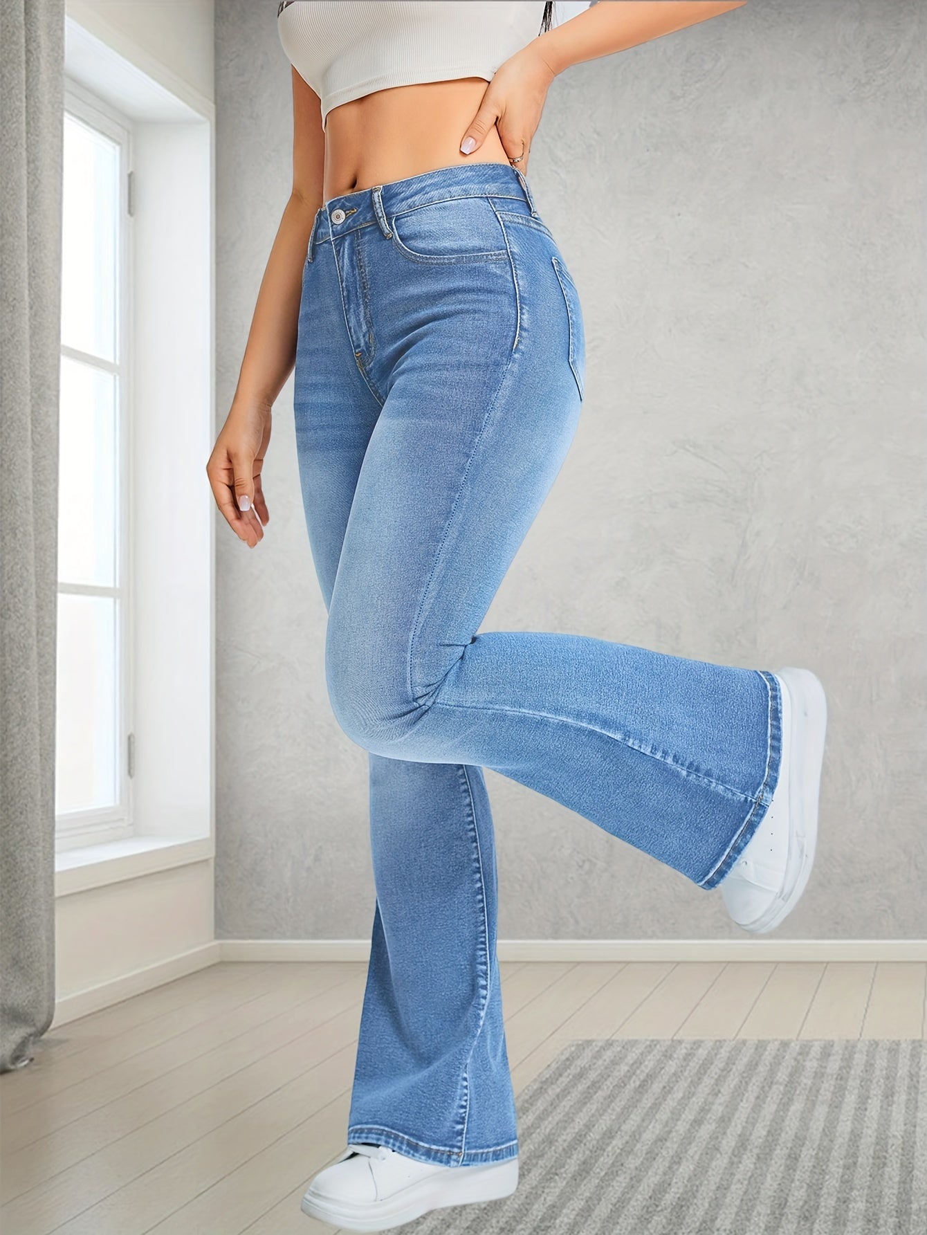 gbolsos Light Blue Casual Bootcut Jeans, Mid-Stretch Slant Pockets High Waist Denim Pants, Women's Denim Jeans & Clothing