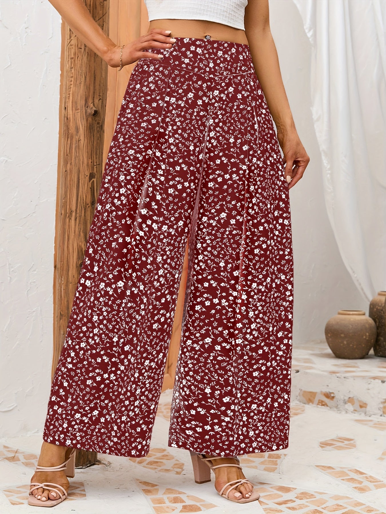 gbolsos Floral Print Wide Leg Pants, Casual Loose Pants For Spring & Summer, Women's Clothing
