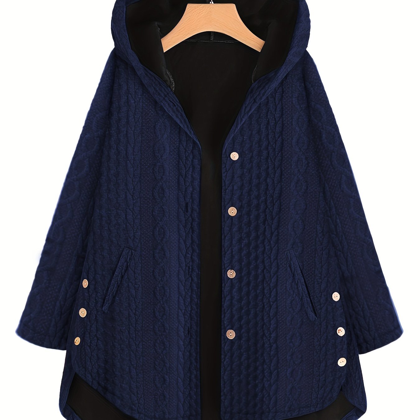gbolsos Slant Pocket Hooded Coat, Casual Long Sleeve Button Thermal Coat, Women's Clothing