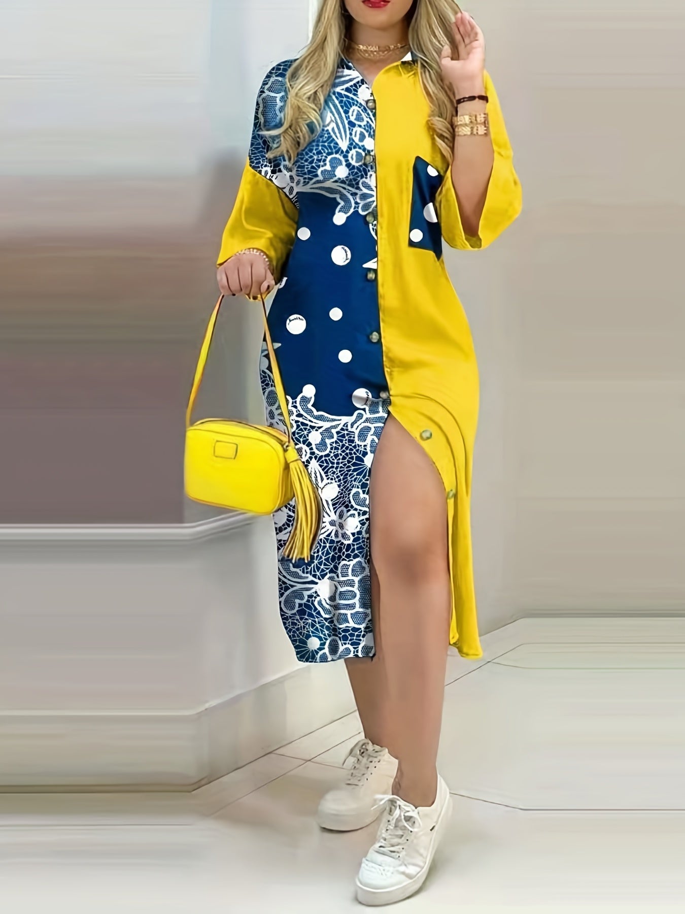 gbolsos Color Block Floral Print Shirt Dress, Casual Button Pocket Dress, Women's Clothing