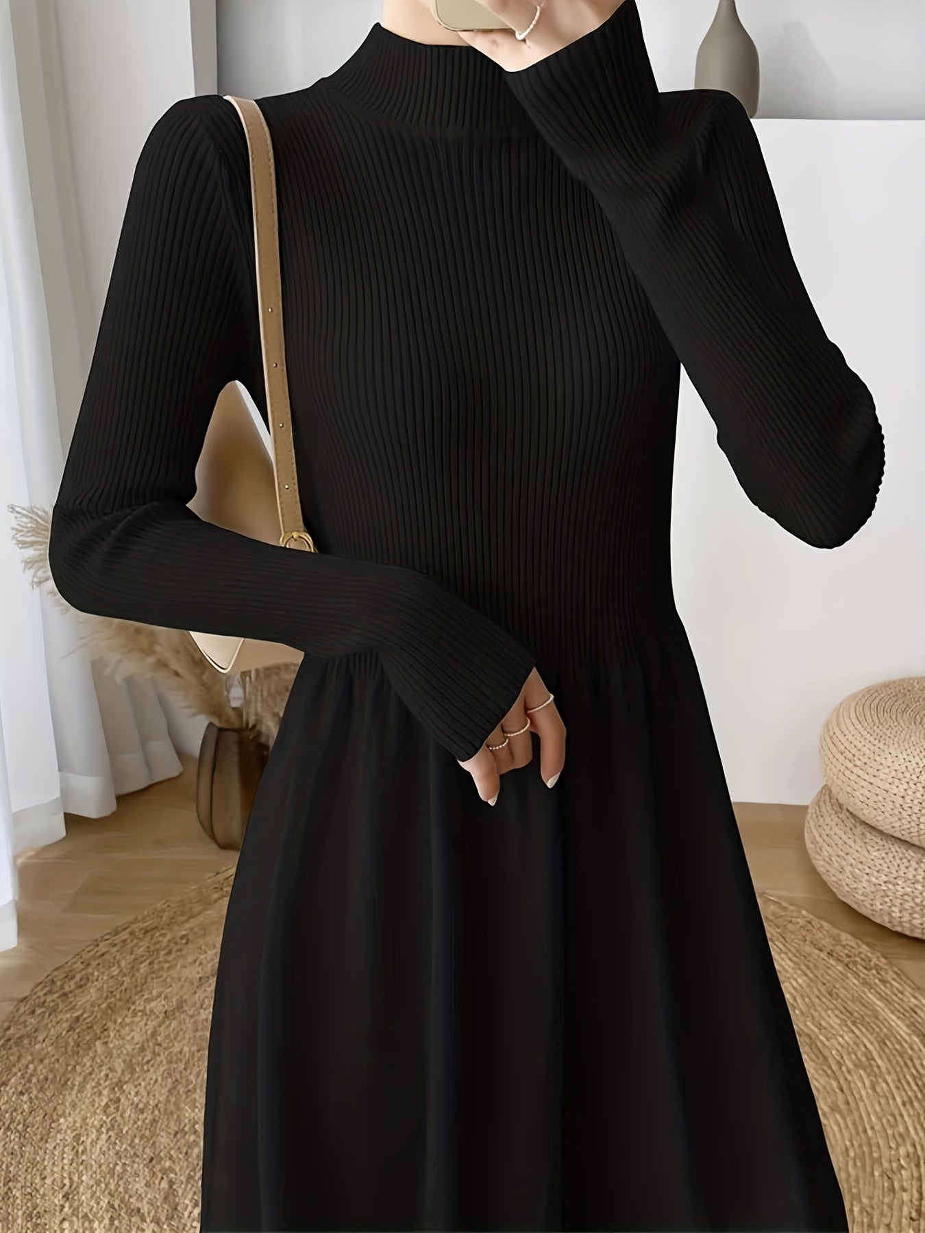 gbolsos Solid Mock Neck Splicing Dress, Elegant Long Sleeve Aline Dress For Spring & Fall, Women's Clothing