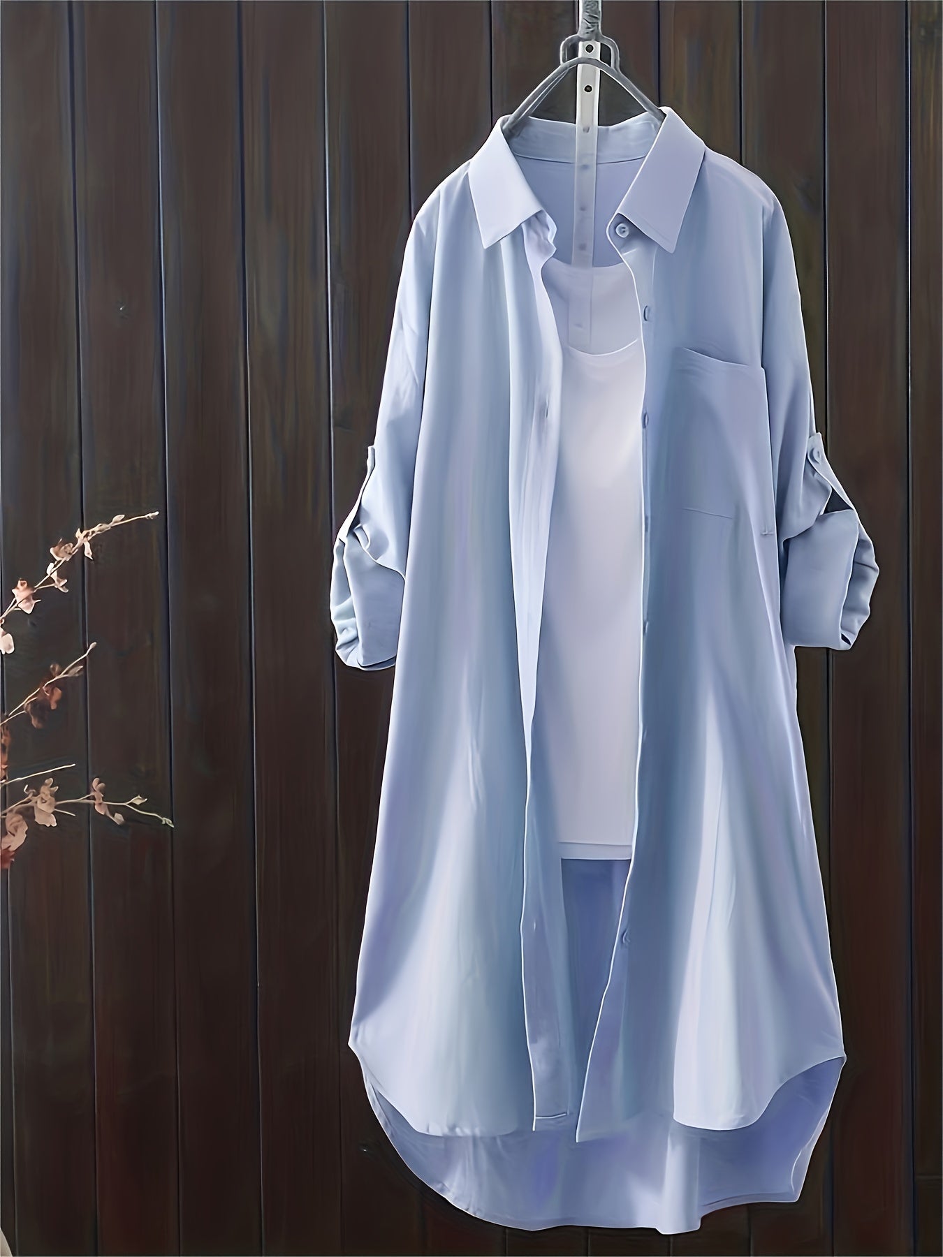 gbolsos Solid Patched Pocket Simple Shirt, Versatile Long Sleeve Button Front Shirt, Women's Clothing