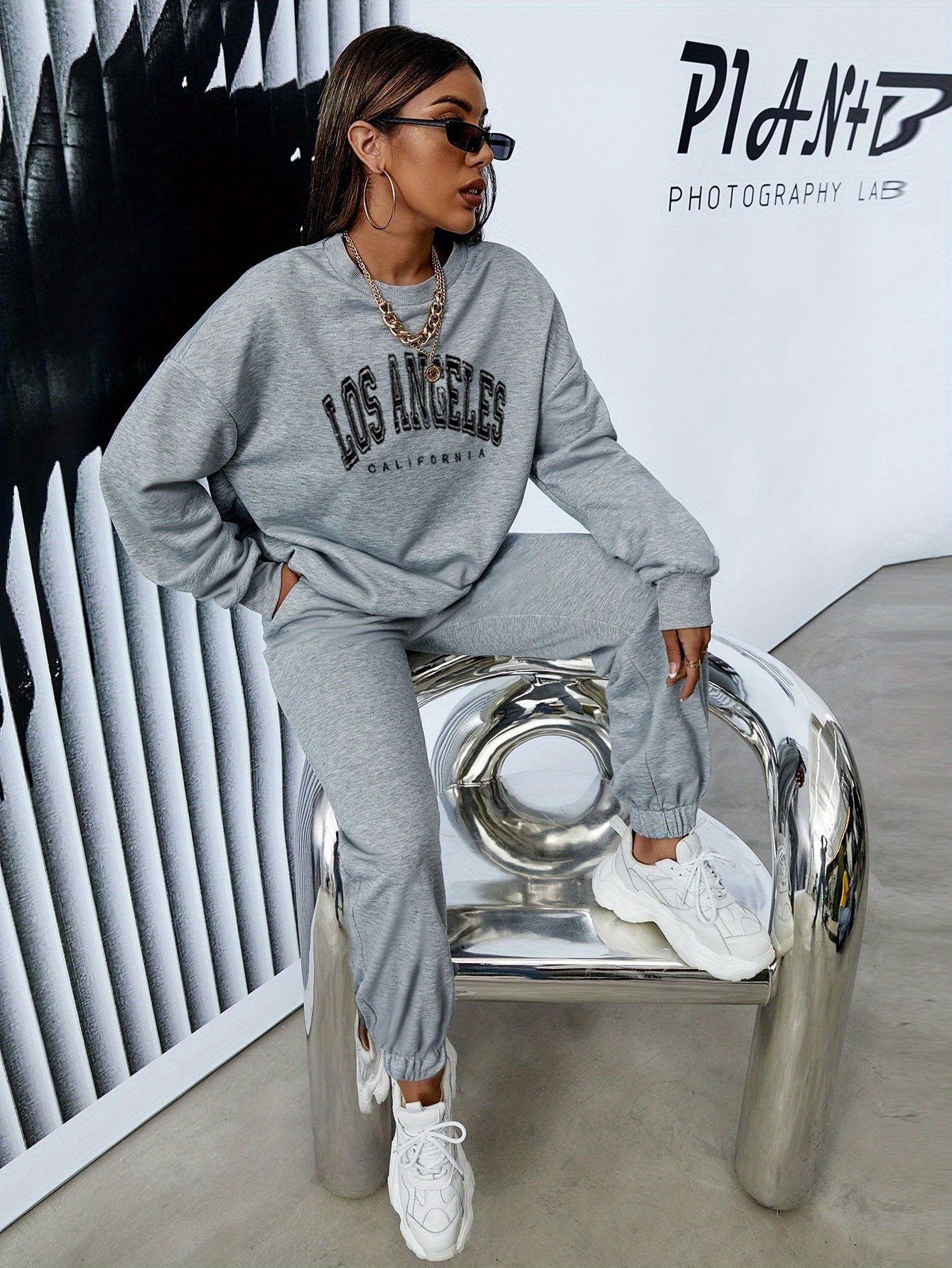 gbolsos Casual Workout Two-piece Set, Letter Print Long Sleeve Tops & Long Length Solid Jogger Pants Outfits, Women's Clothing